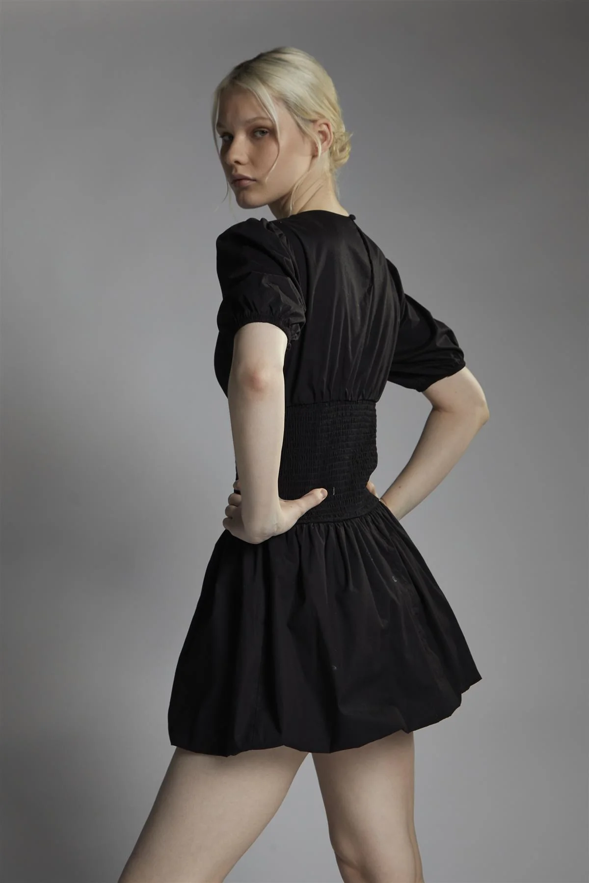 Shirred Bubble Hem Mini Dress - Black - Image 2