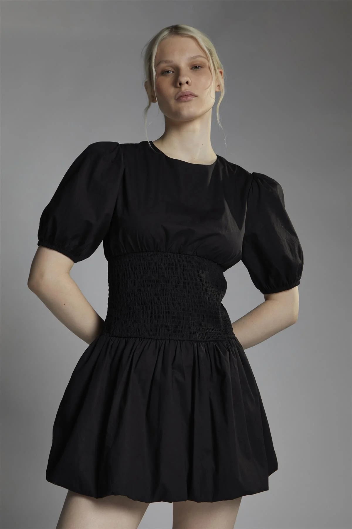 Shirred Bubble Hem Mini Dress - Black - Image 3