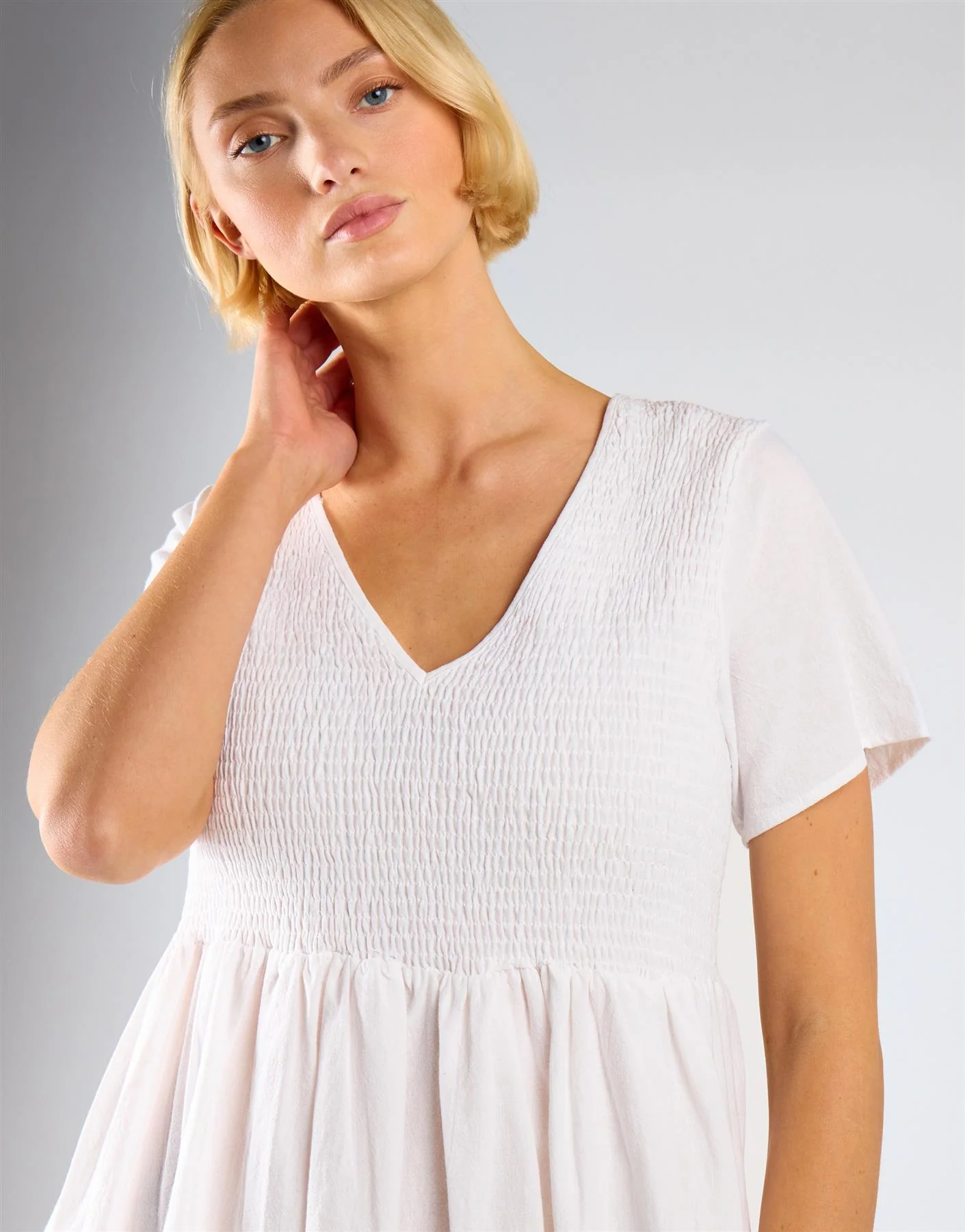 Short Sleeve V-neck Midi Dress - White - Image 3