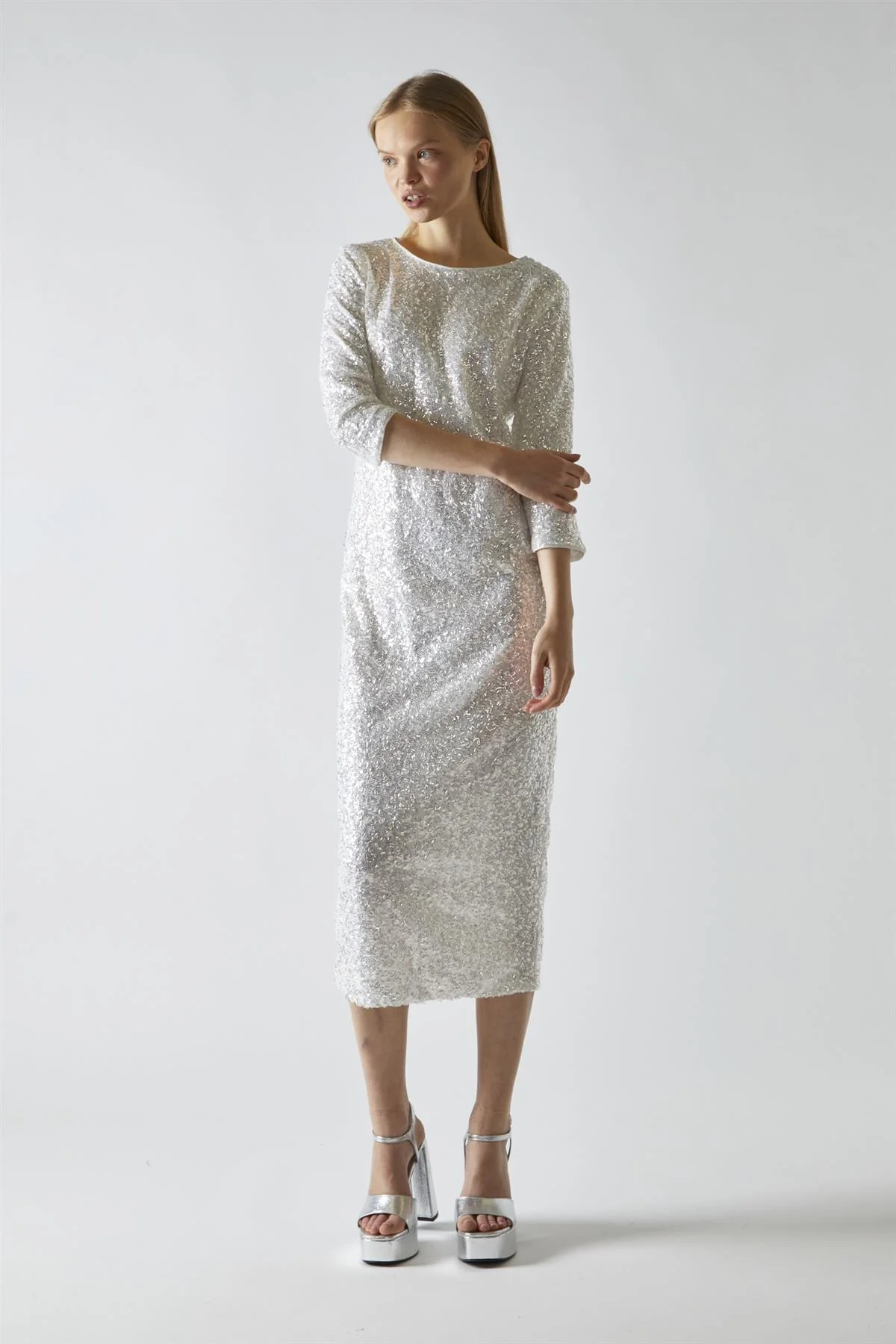 Silver-Iridescent Sequin A-Line Midaxi-Dress - Image 4