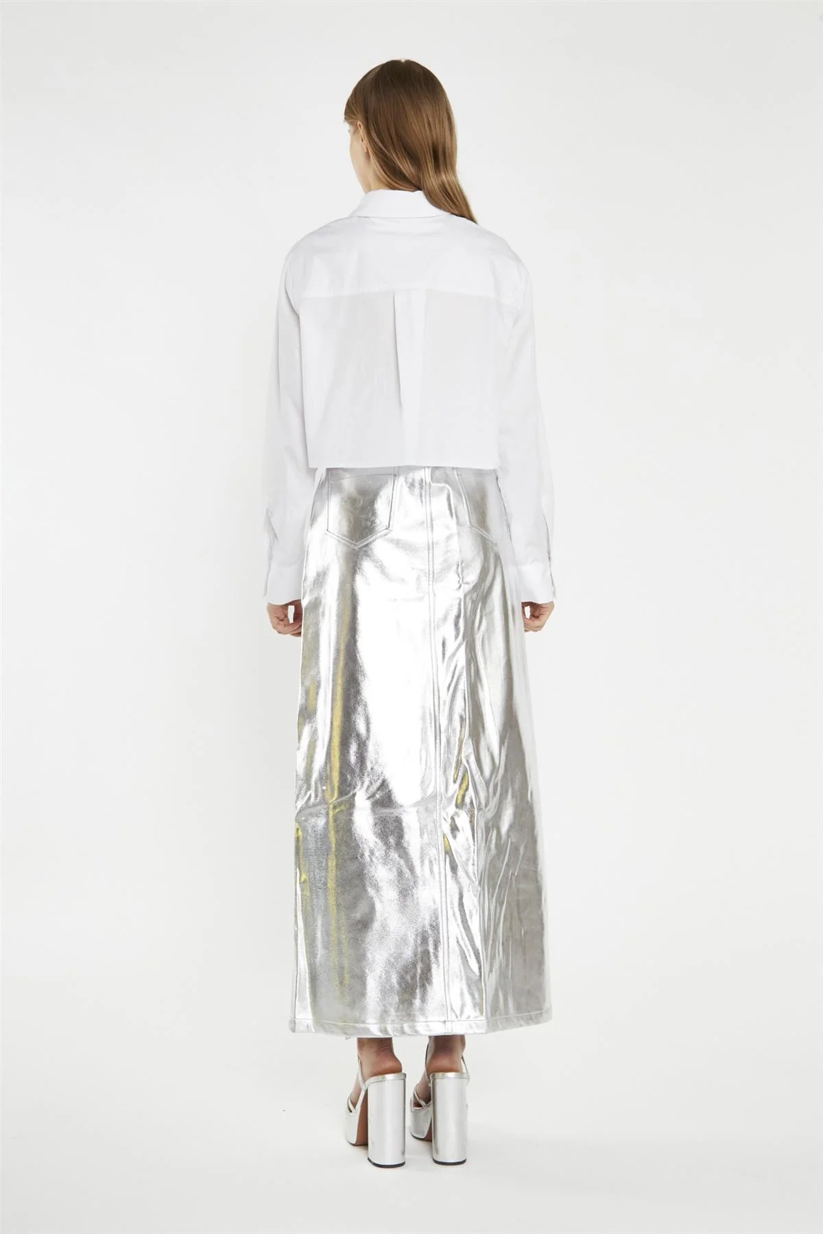 Silver PU Centre-Split Midi-Skirt - Image 2