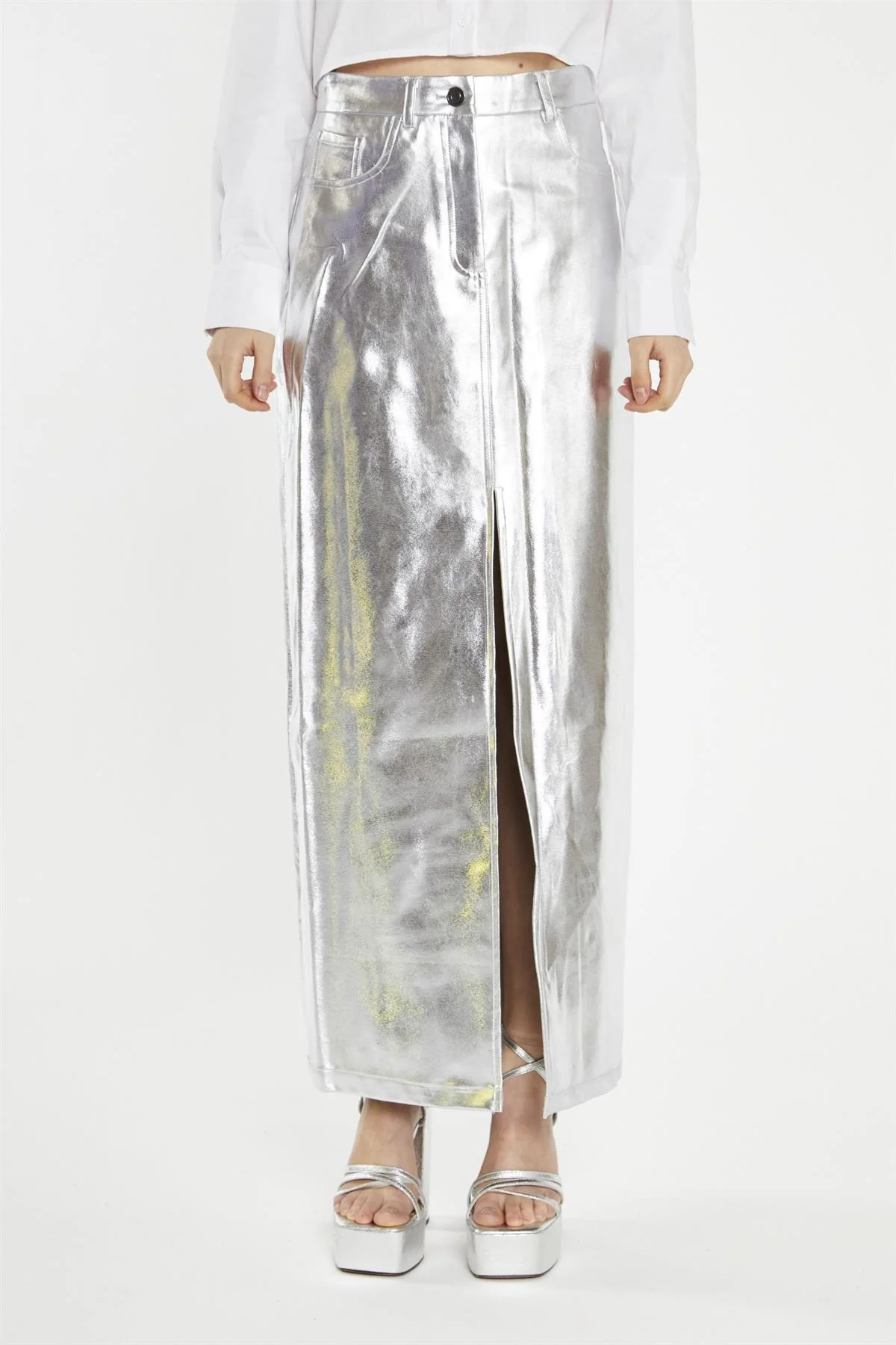 Silver PU Centre-Split Midi-Skirt - Image 3