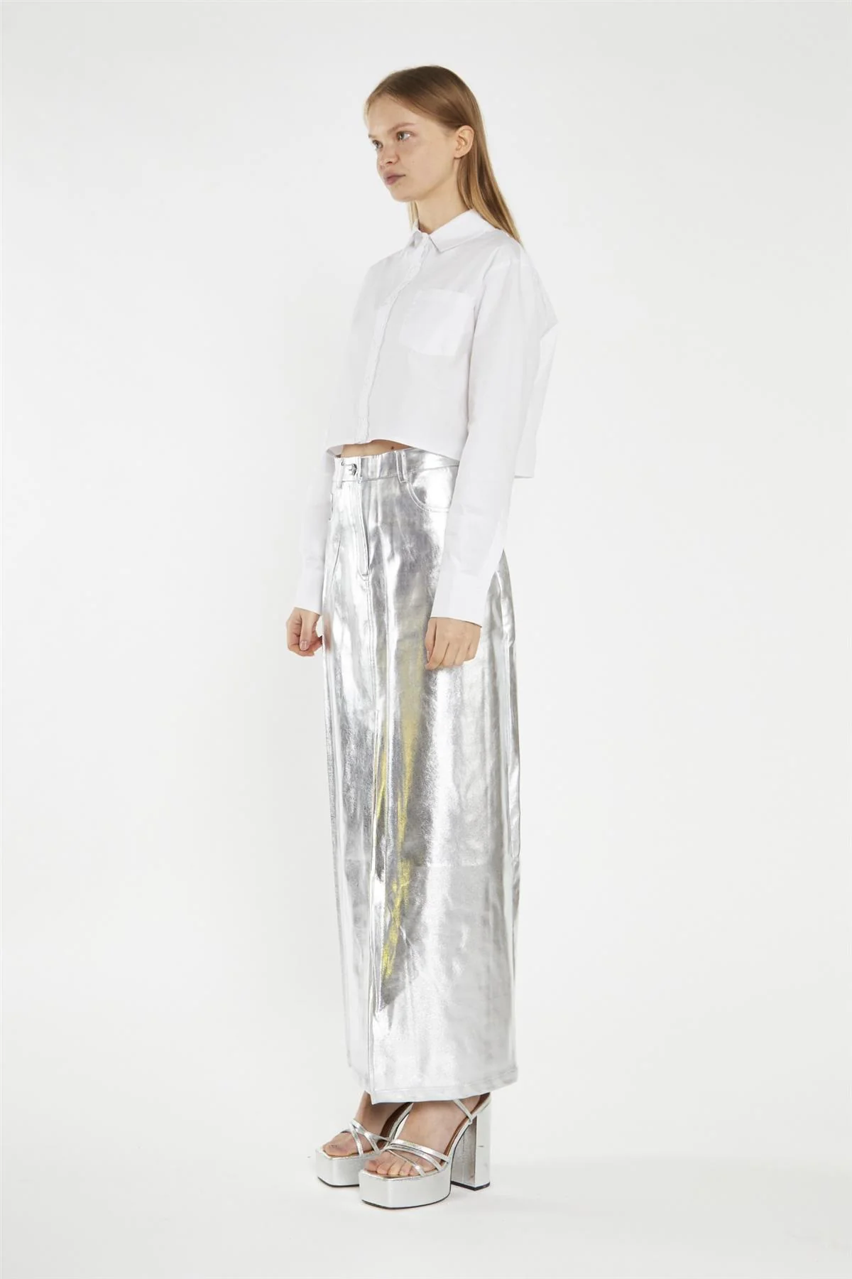 Silver PU Centre-Split Midi-Skirt - Image 4