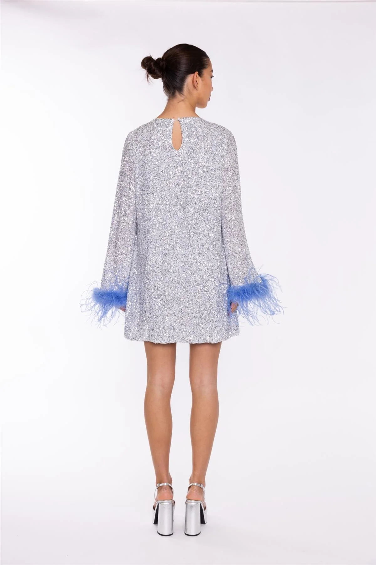 Silver-Sequin Blue Feather-Cuff Mini-Dress - Image 2