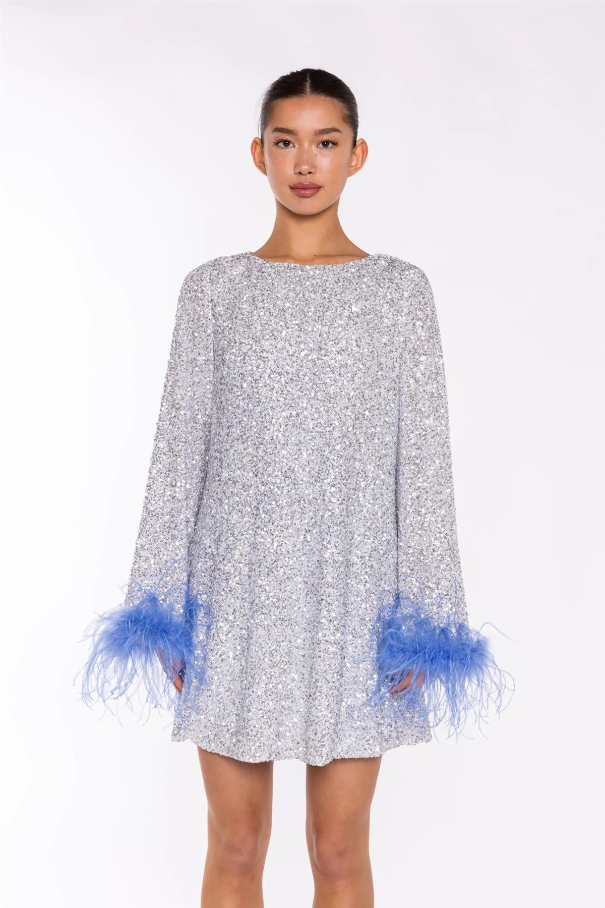 Silver-Sequin Blue Feather-Cuff Mini-Dress - Image 3