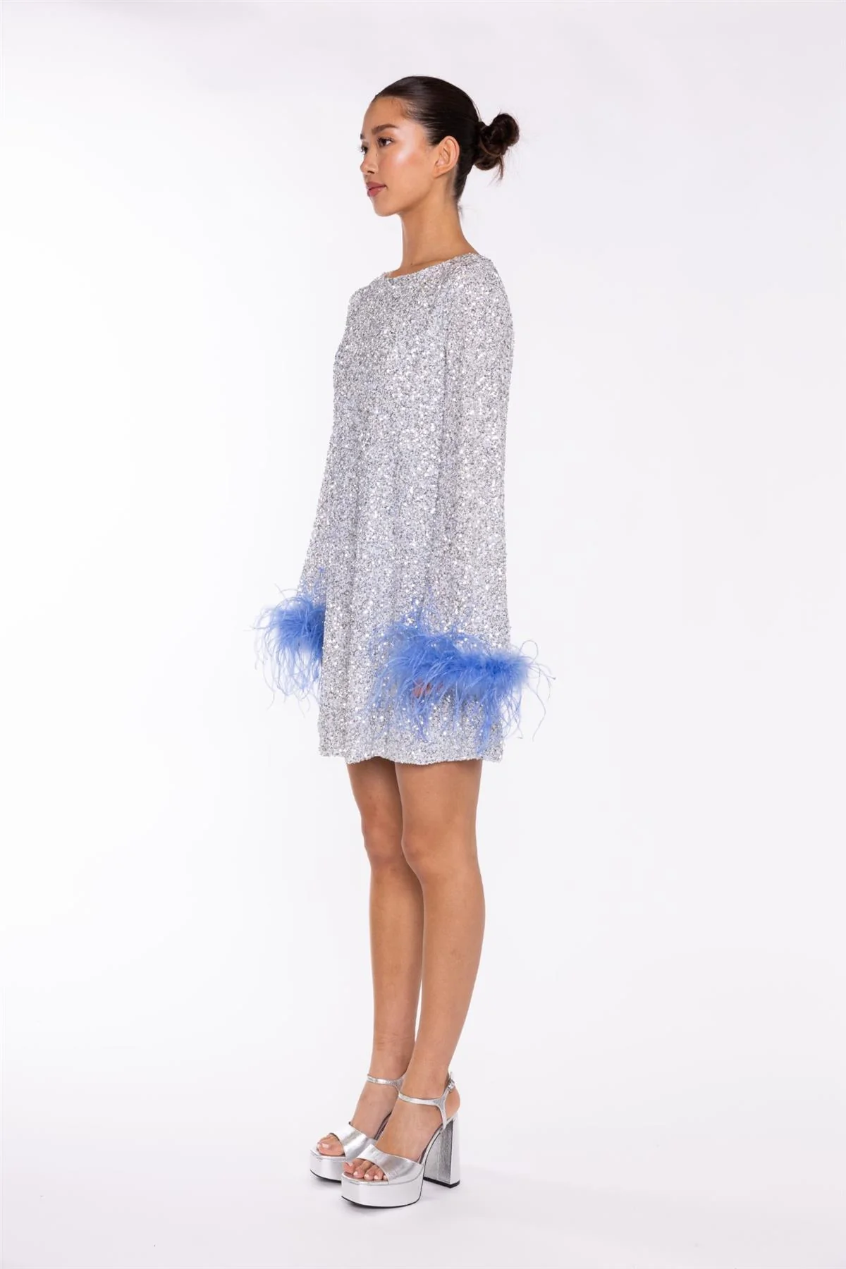 Silver-Sequin Blue Feather-Cuff Mini-Dress - Image 4