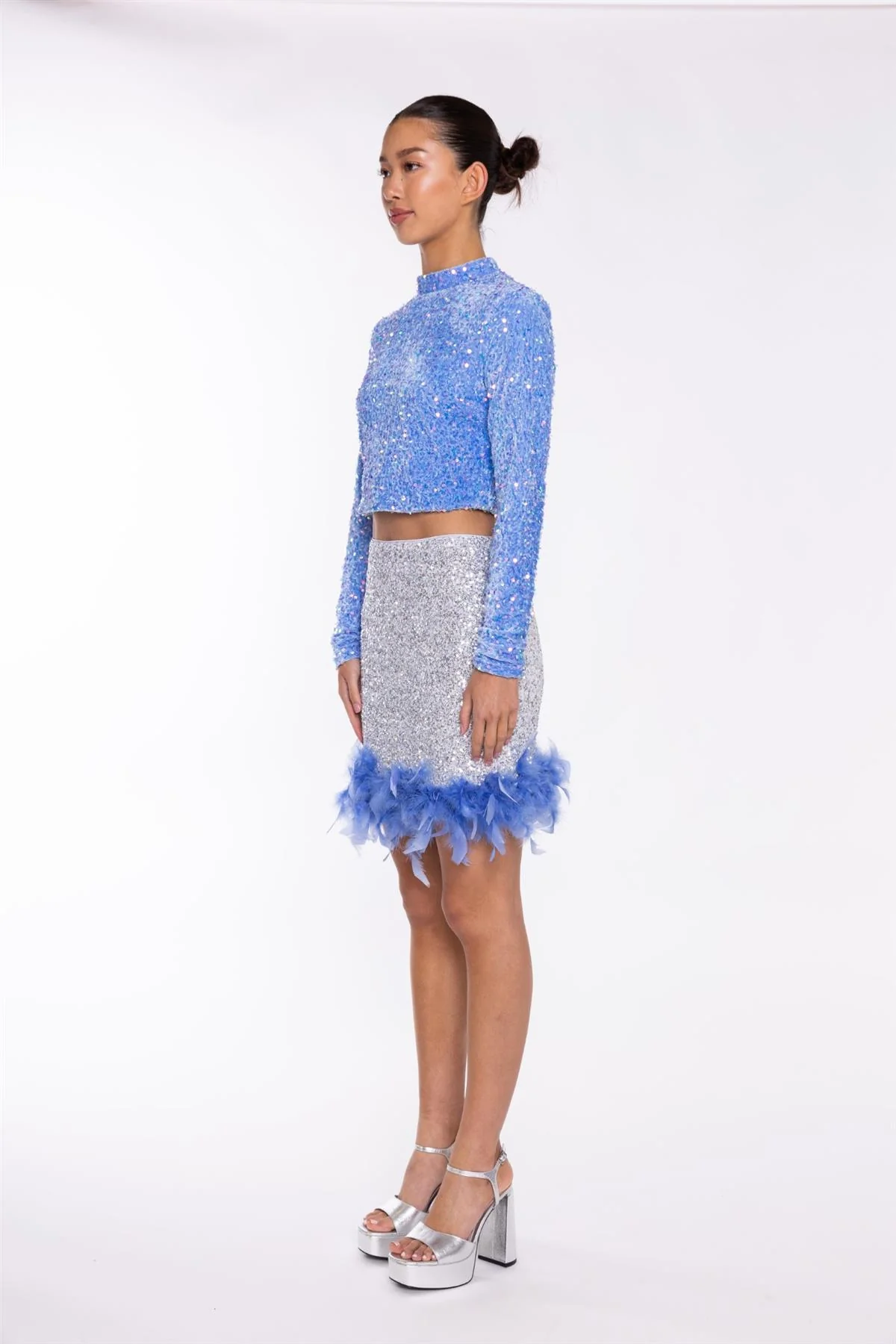 Silver-Sequin Blue Feather-Hem Mini-Skirt - Image 4