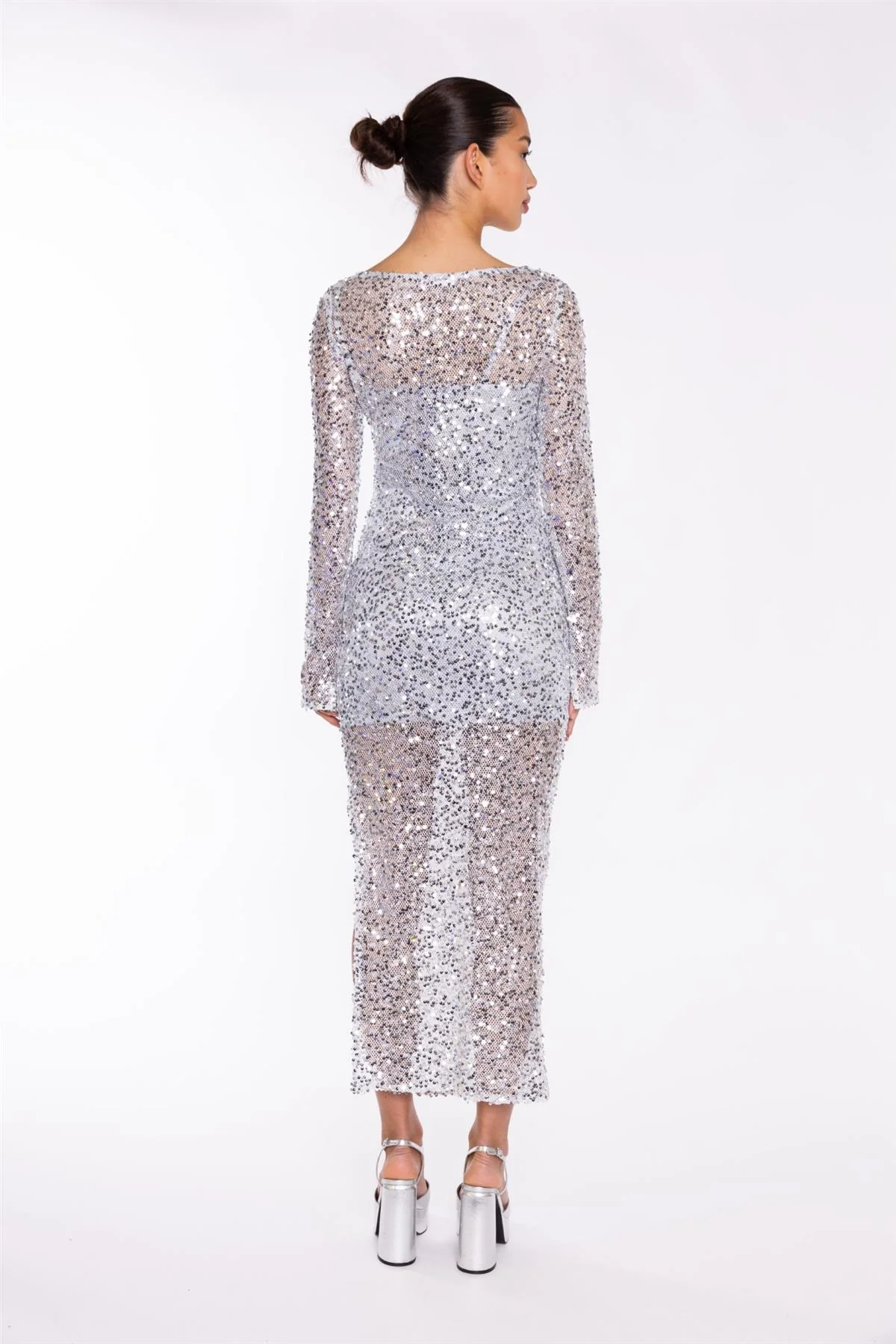 Silver Sequin-Mesh V-neck Maxi-Dress - Image 2