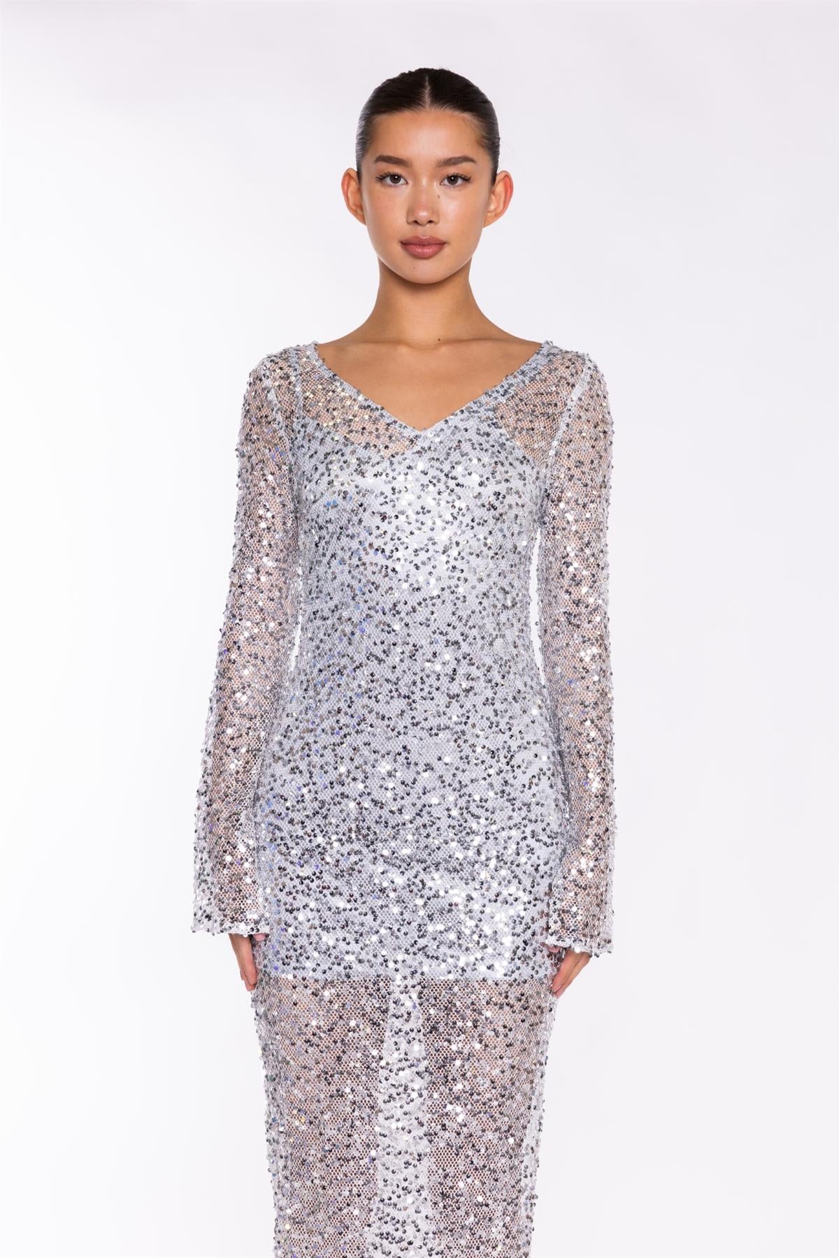 Silver Sequin-Mesh V-neck Maxi-Dress - Image 3