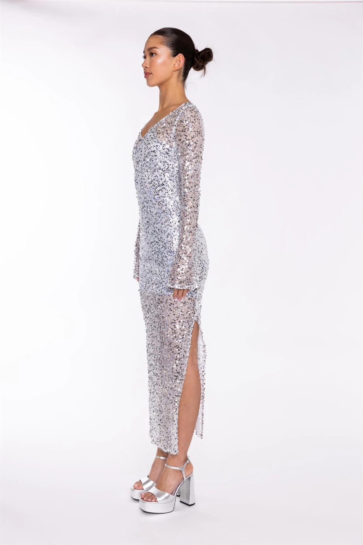 Silver Sequin-Mesh V-neck Maxi-Dress - Image 4