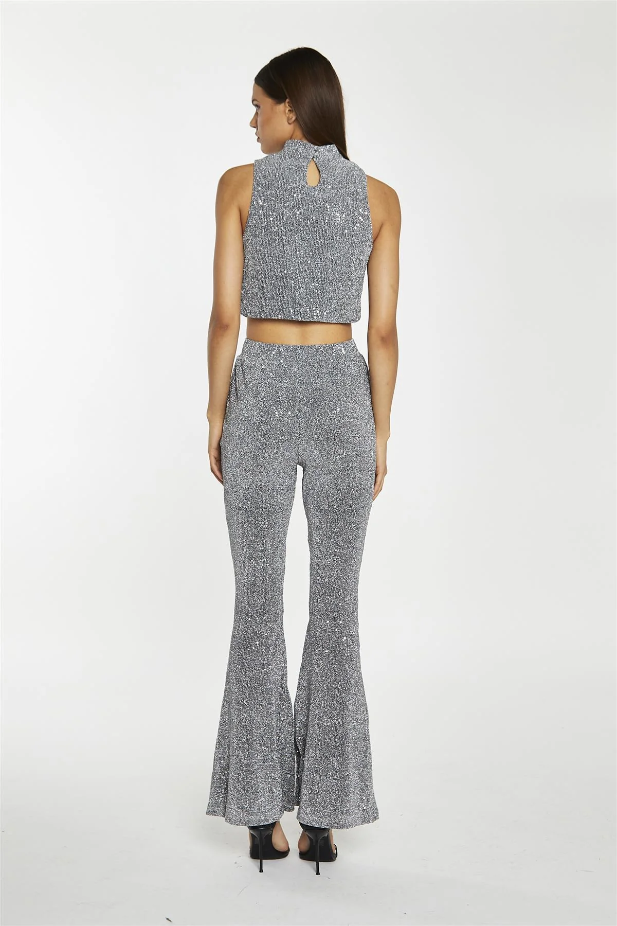 Silver-Sequin Plisse Flared-Trousers - Image 2