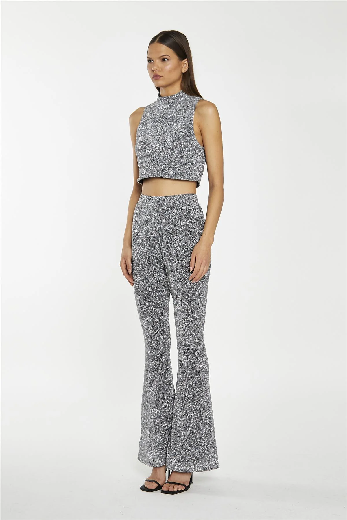 Silver-Sequin Plisse Flared-Trousers - Image 3