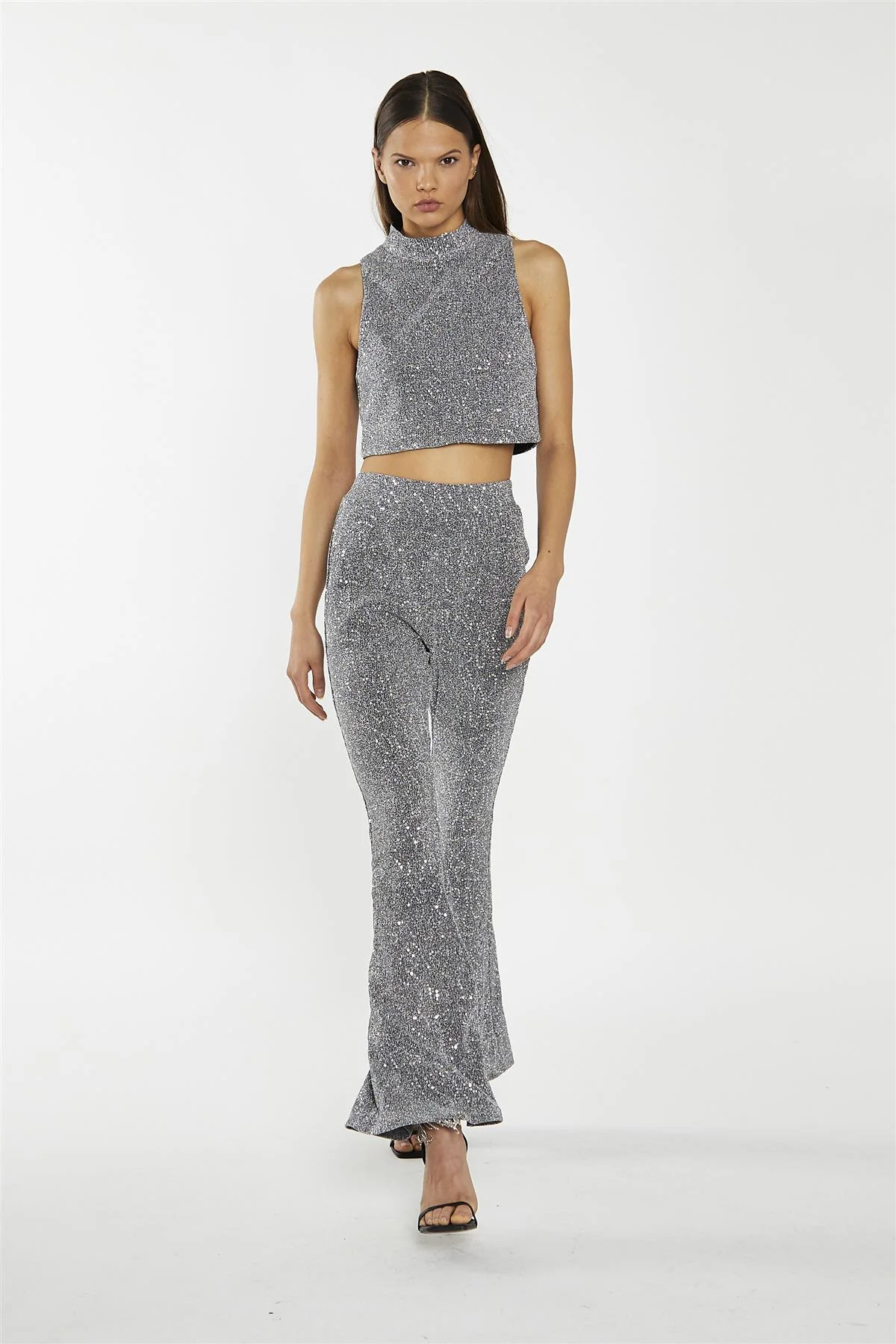 Silver-Sequin Plisse Flared-Trousers - Image 4