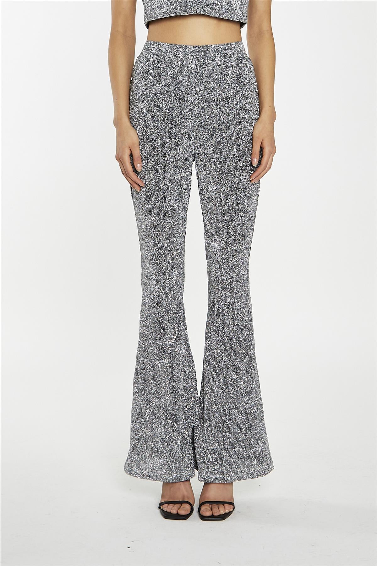 Silver-Sequin Plisse Flared-Trousers - Image 5