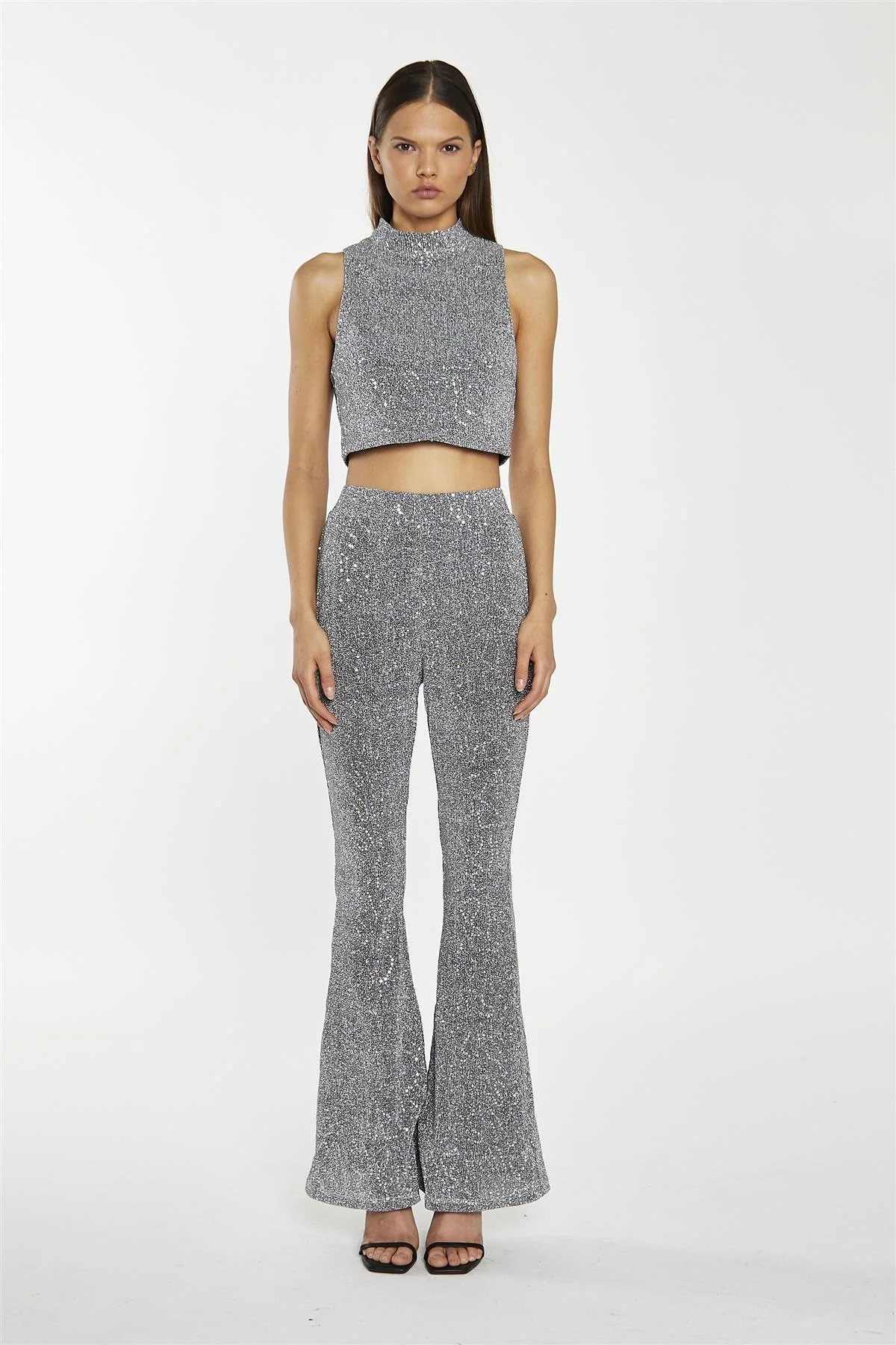 Silver-Sequin Plisse High-Neck Crop-Top - Image 4