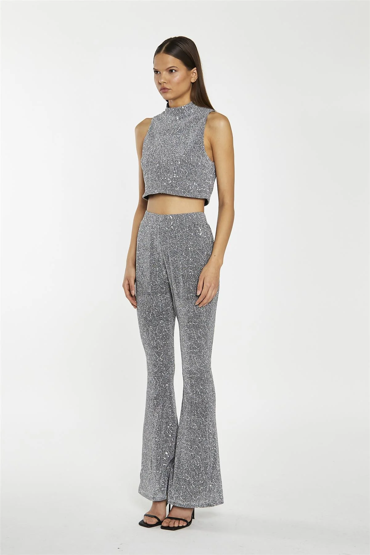 Silver-Sequin Plisse High-Neck Crop-Top - Image 5