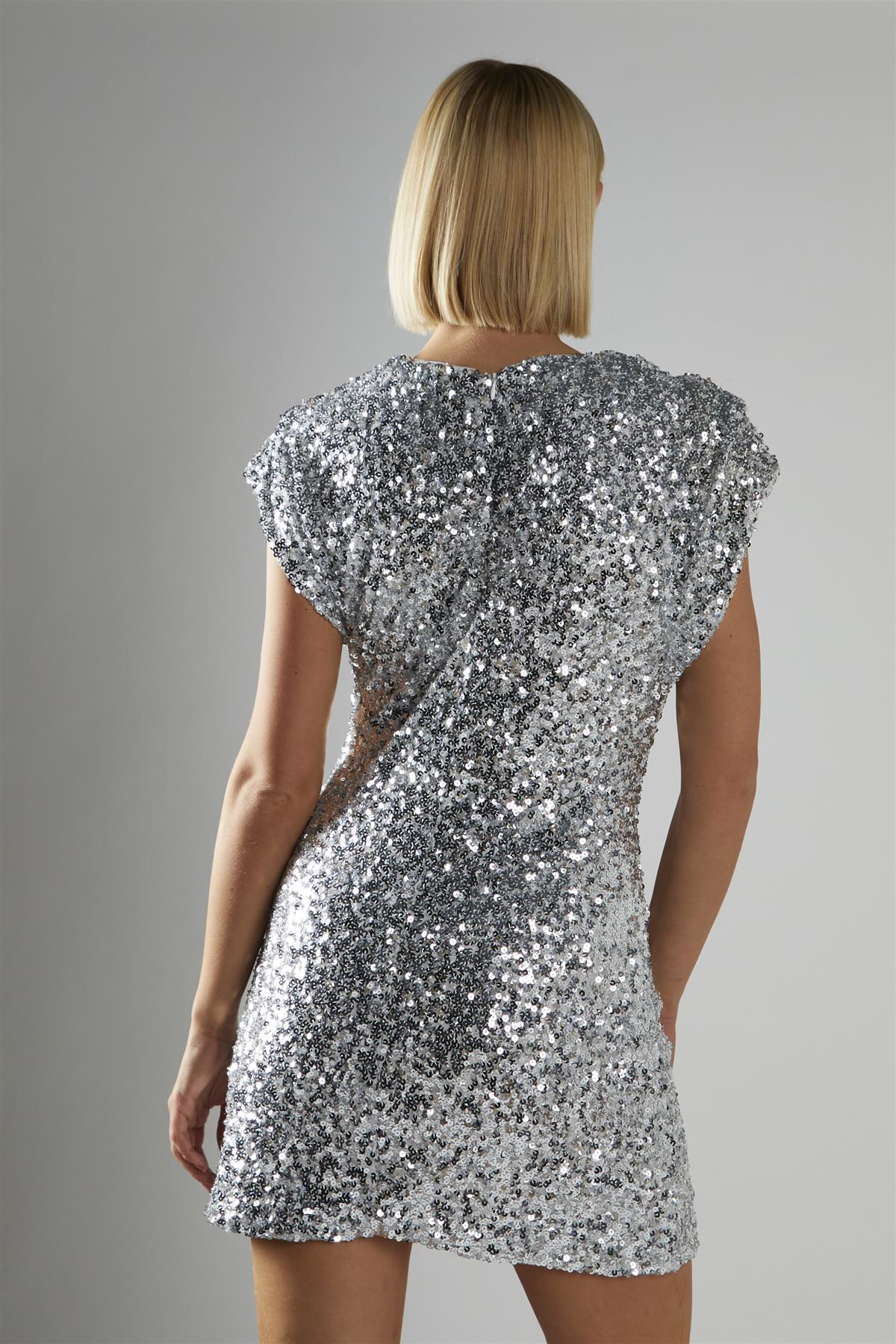 Silver-Sequin Shoulder-Pad Mini-Dress - Image 2