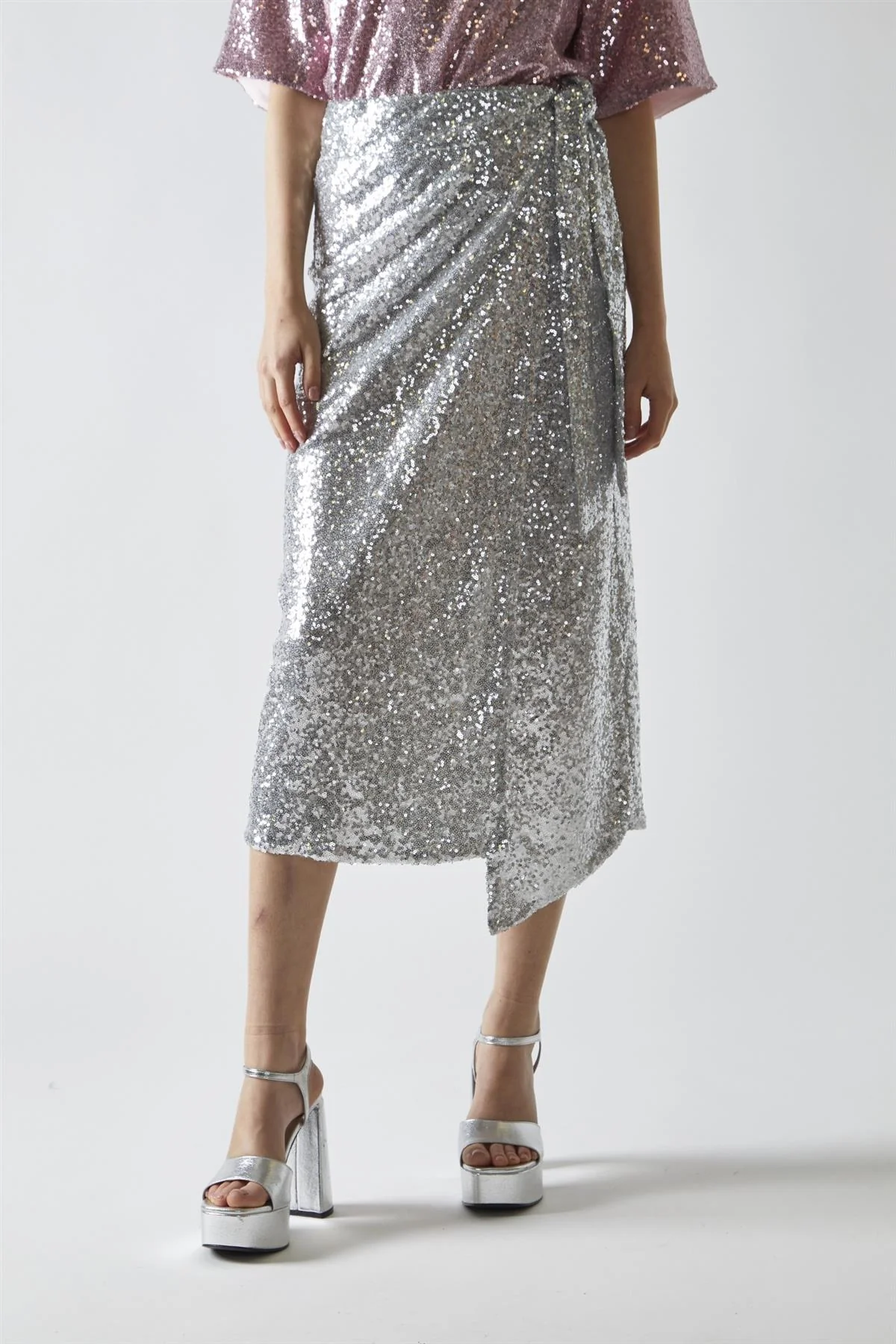 Silver-Sequin Wrap Midi-Skirt - Image 3