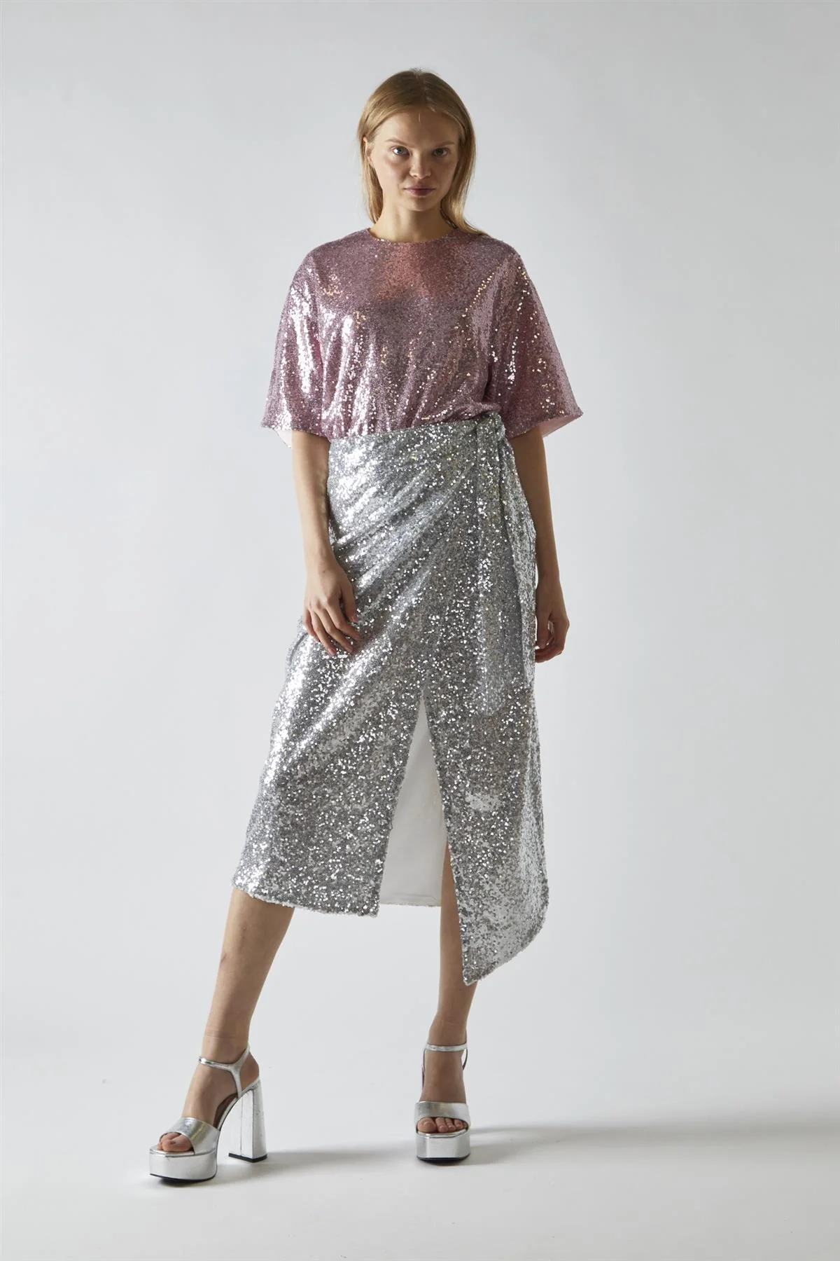 Silver-Sequin Wrap Midi-Skirt - Image 4
