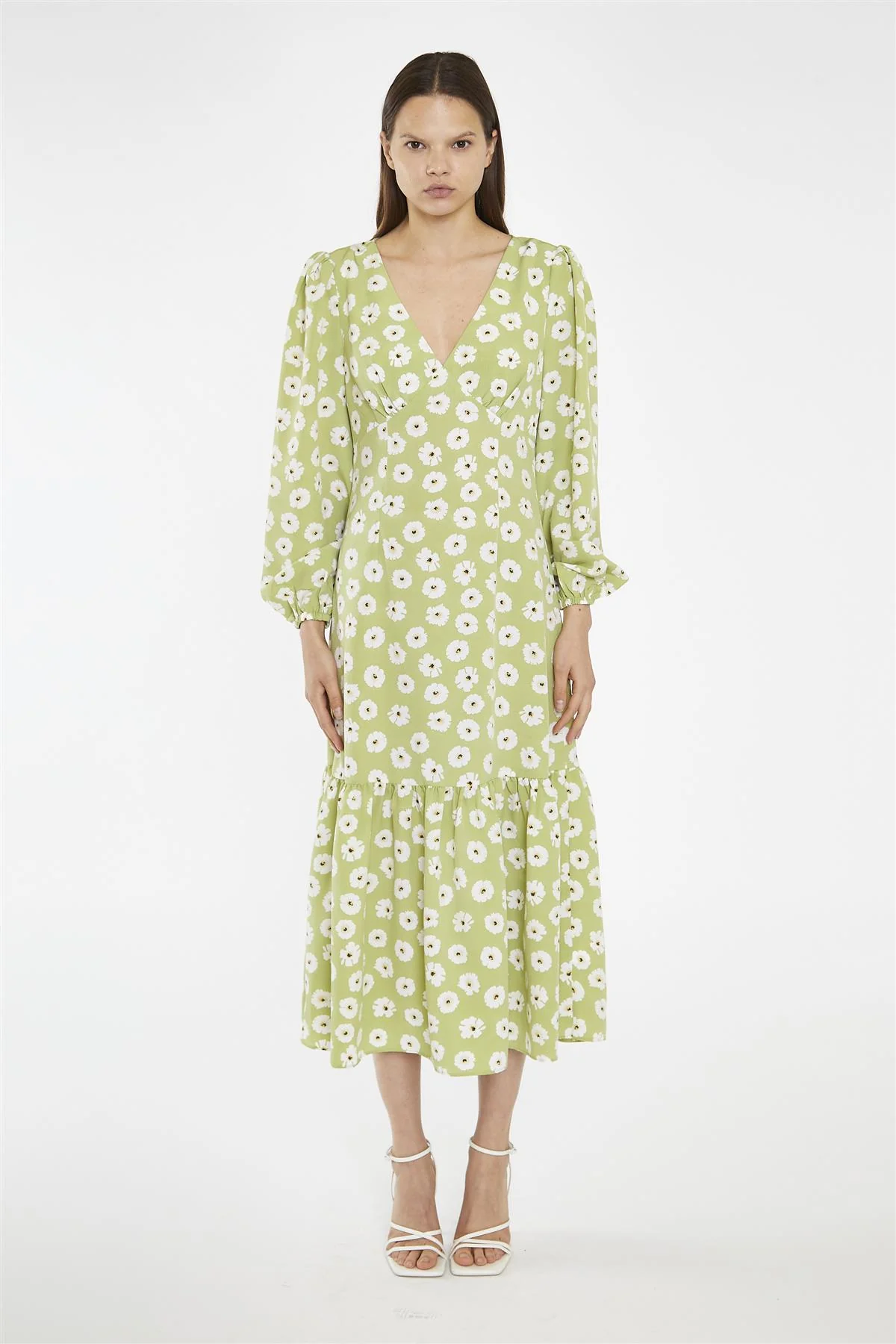 Skater Midi Dress - Olive Green Flower - Image 2