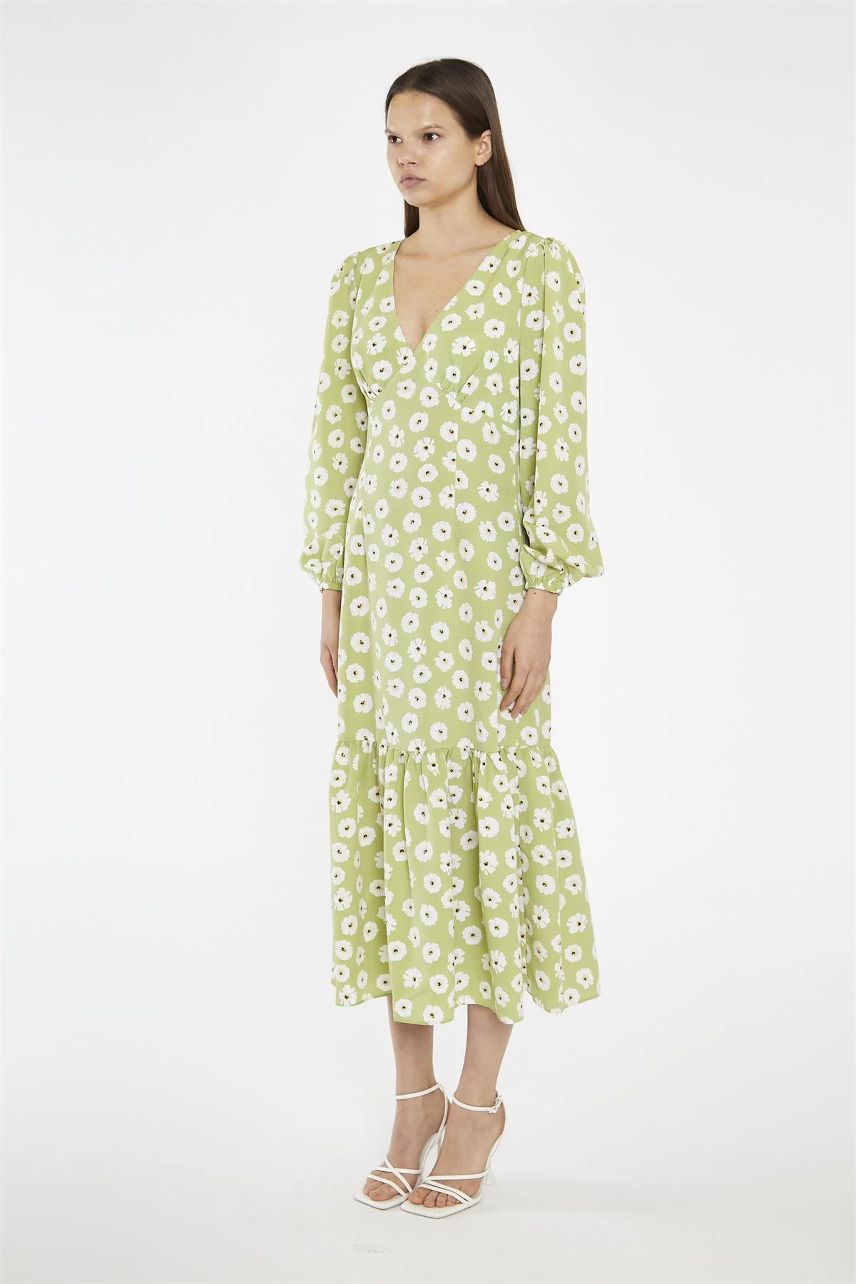 Skater Midi Dress - Olive Green Flower - Image 3