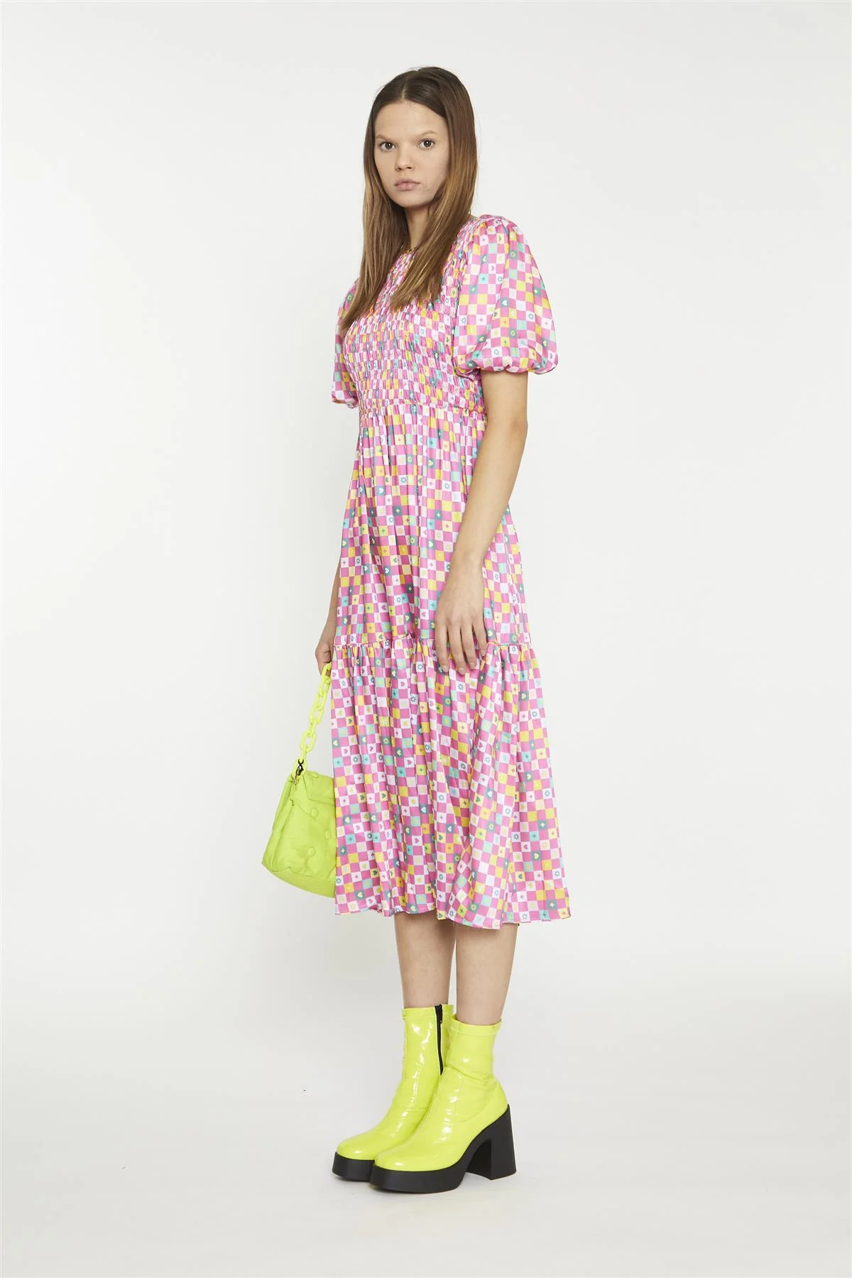 Skater Midi Dress - Pink Novelty Check - Image 3