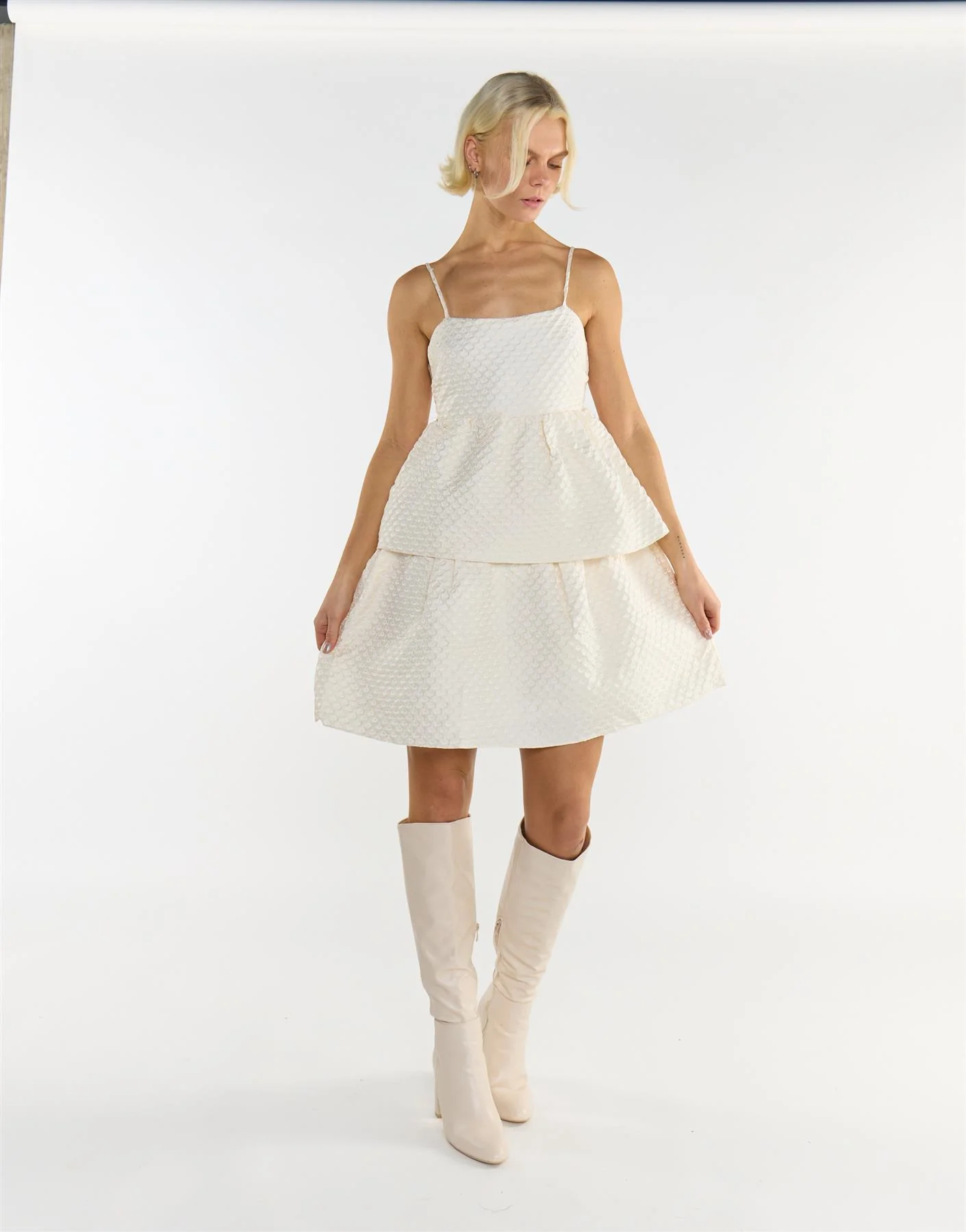 Sleeveless Mini Dress in Cream 3D Brocade