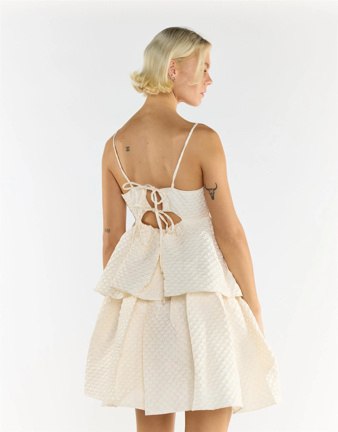 Sleeveless Mini Dress in Cream 3D Brocade - Image 2