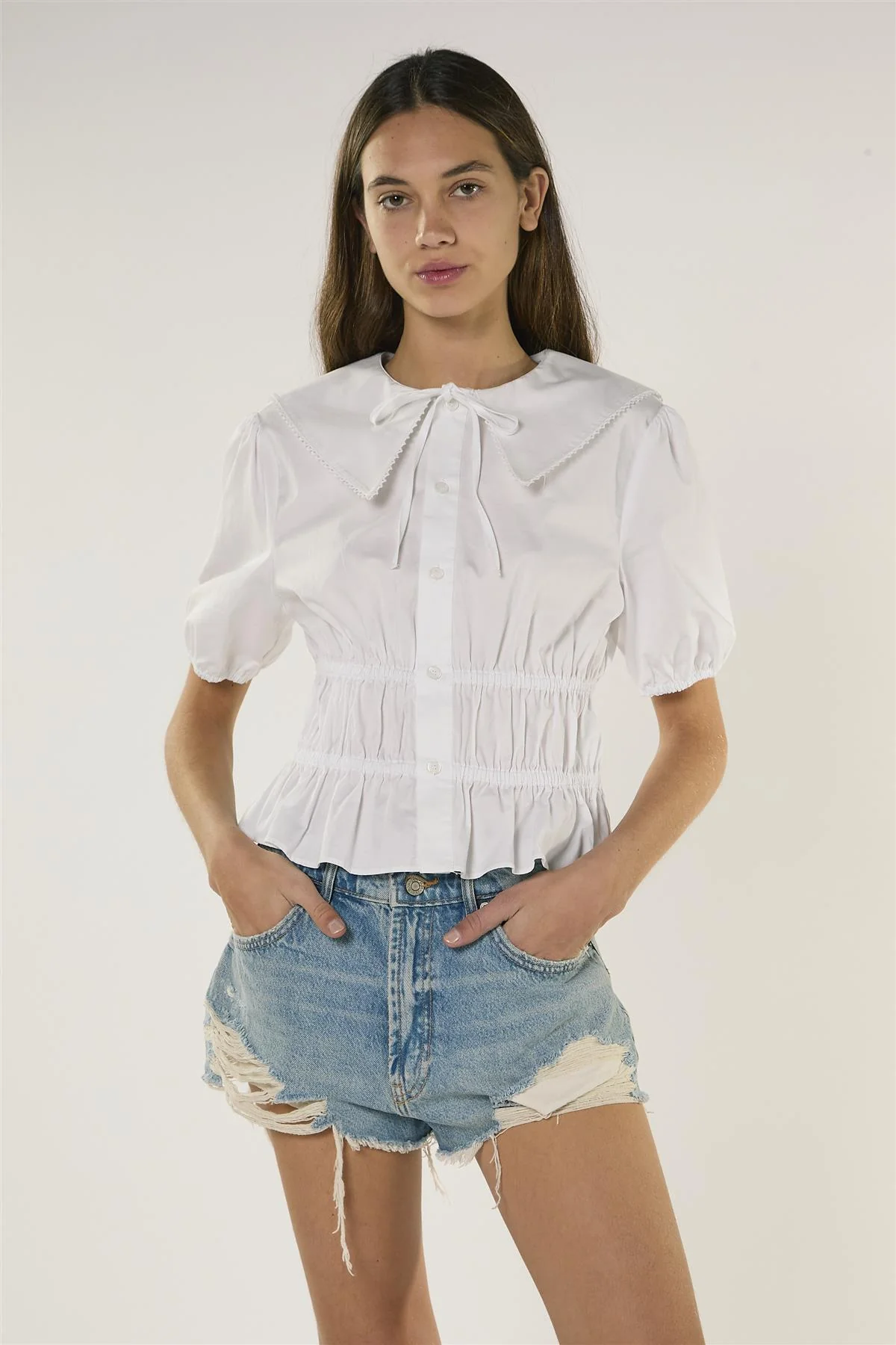 Smocked Waist Blouse - White - Image 2