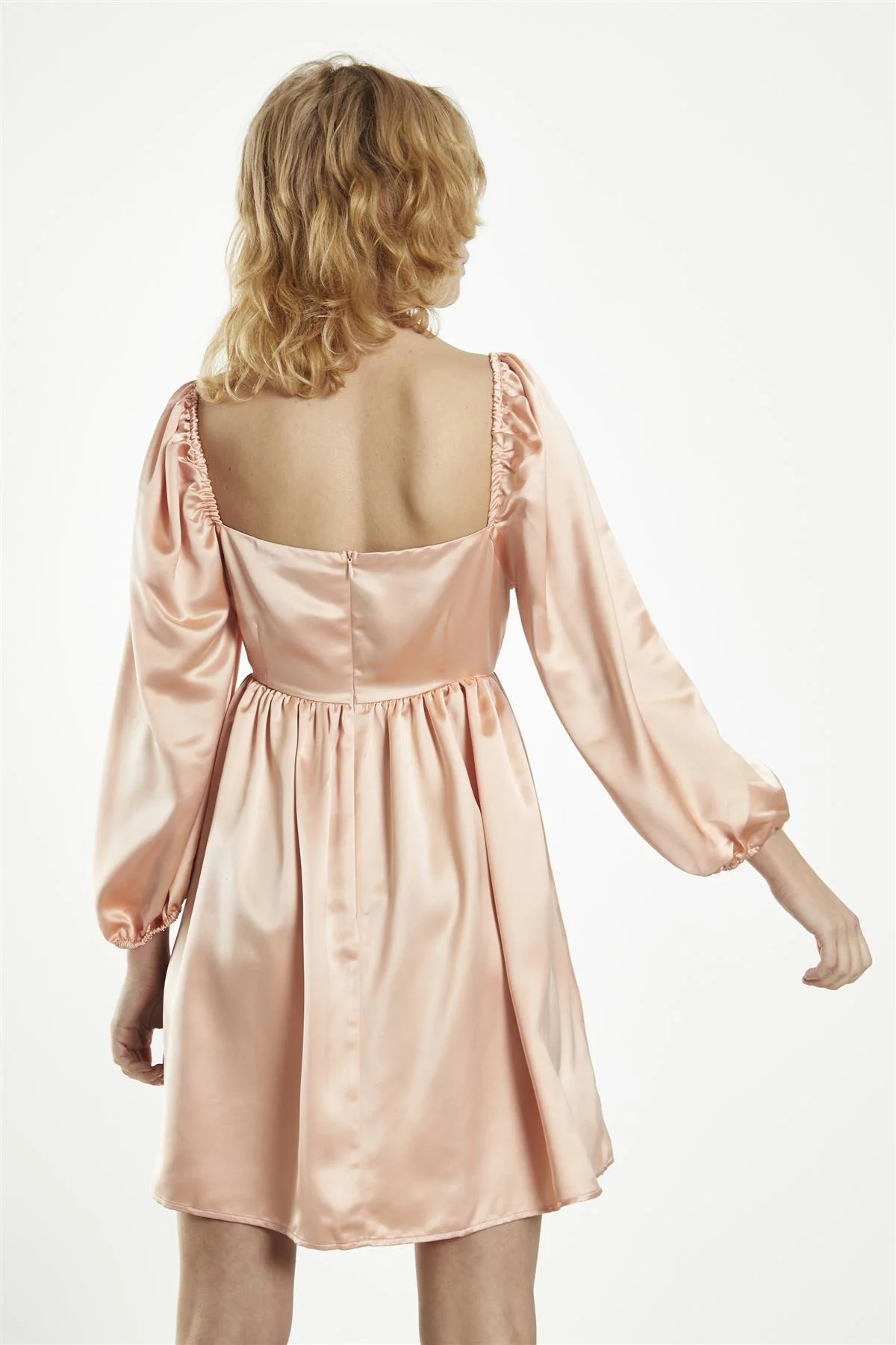 Square Neck Short Skater Dress - Peach Satin - Image 2