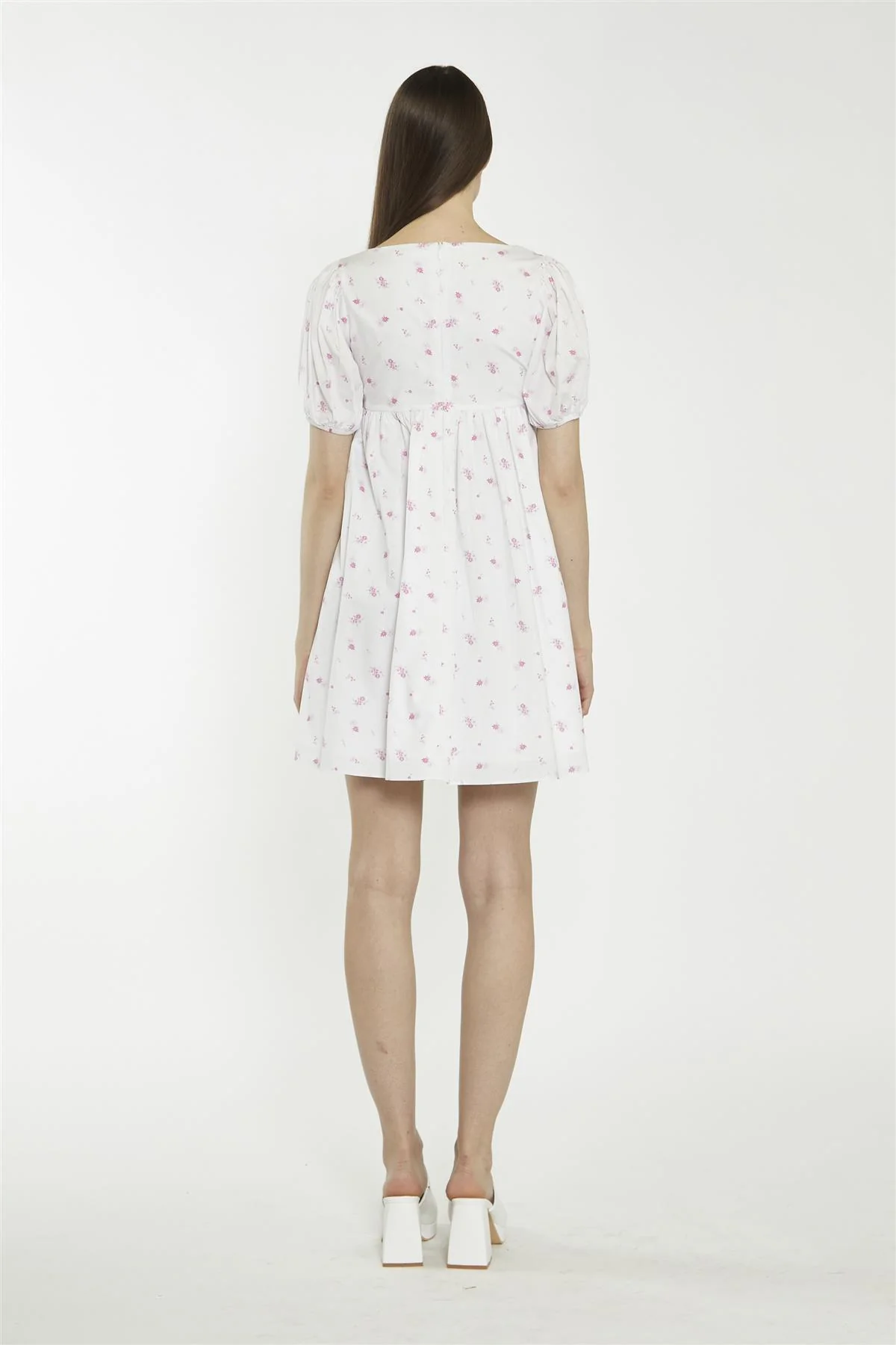 Square Neck Short Skater Dress - White Pink Floral - Image 2