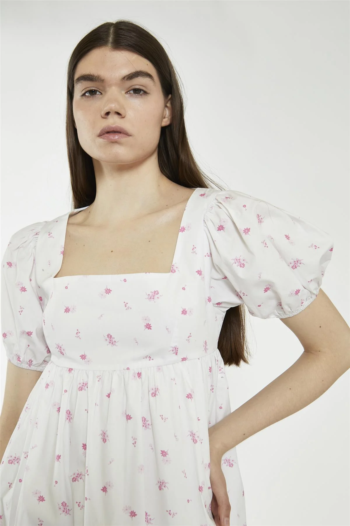Square Neck Short Skater Dress - White Pink Floral - Image 3
