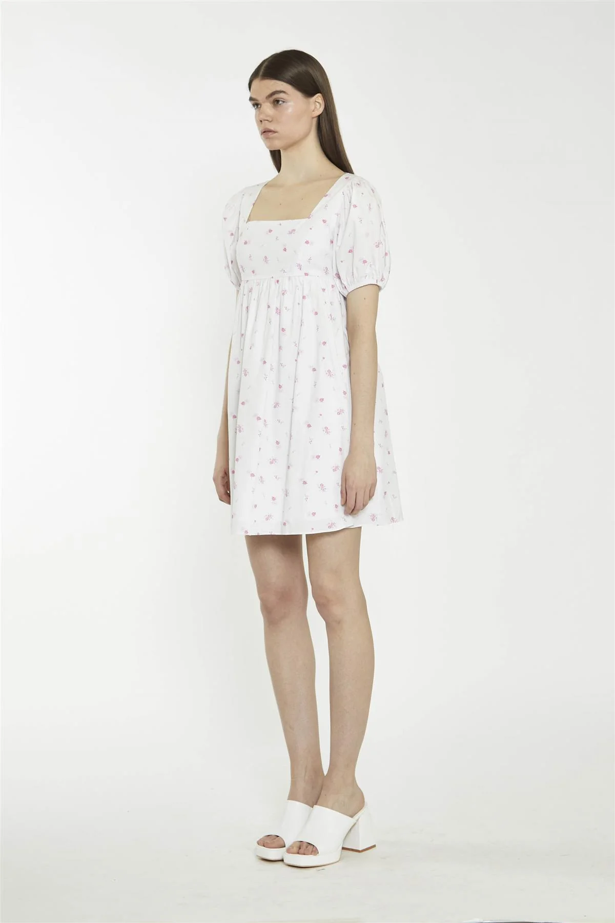 Square Neck Short Skater Dress - White Pink Floral - Image 4