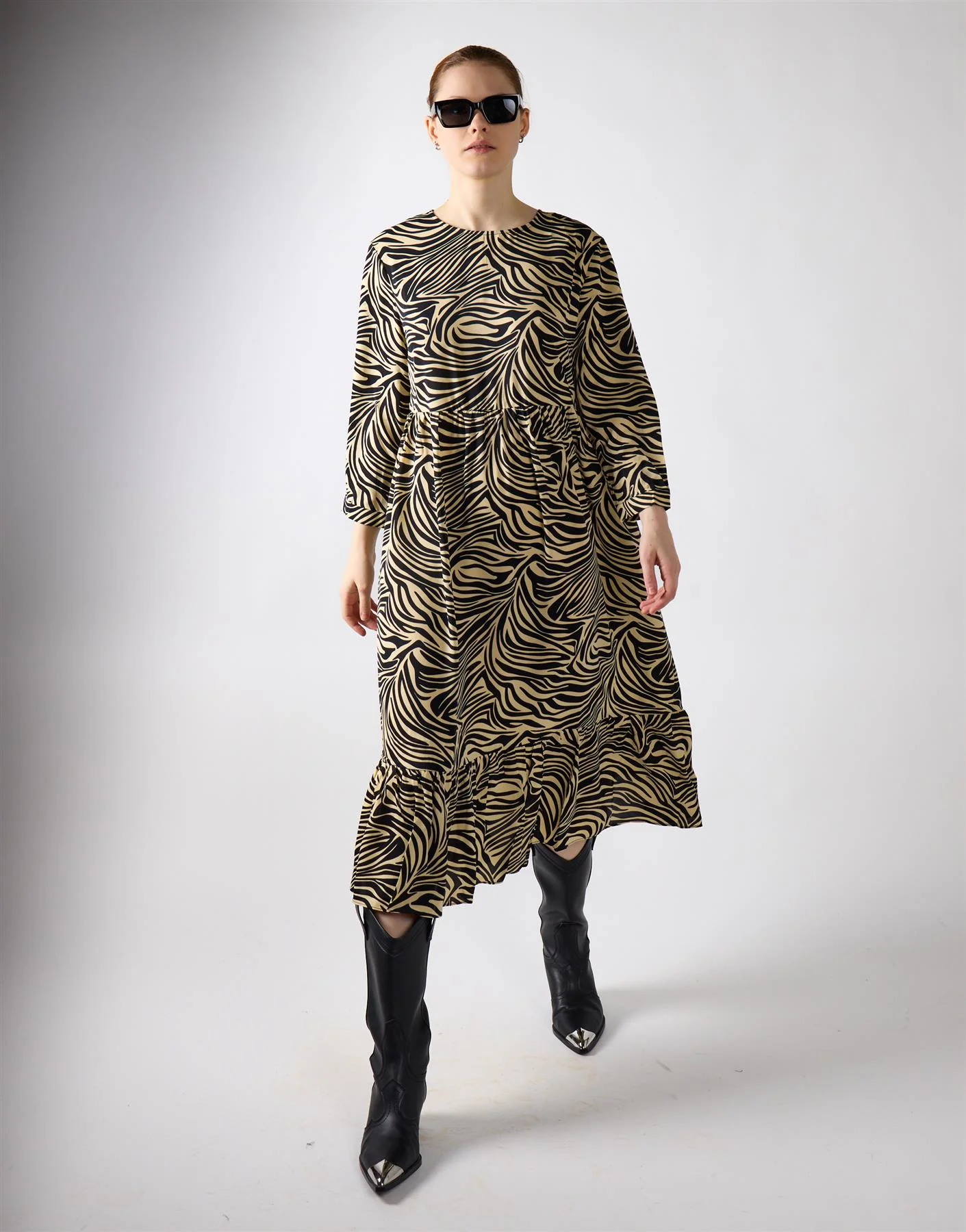 Stone Black Zebra 3/4 Sleeve Midi Dress