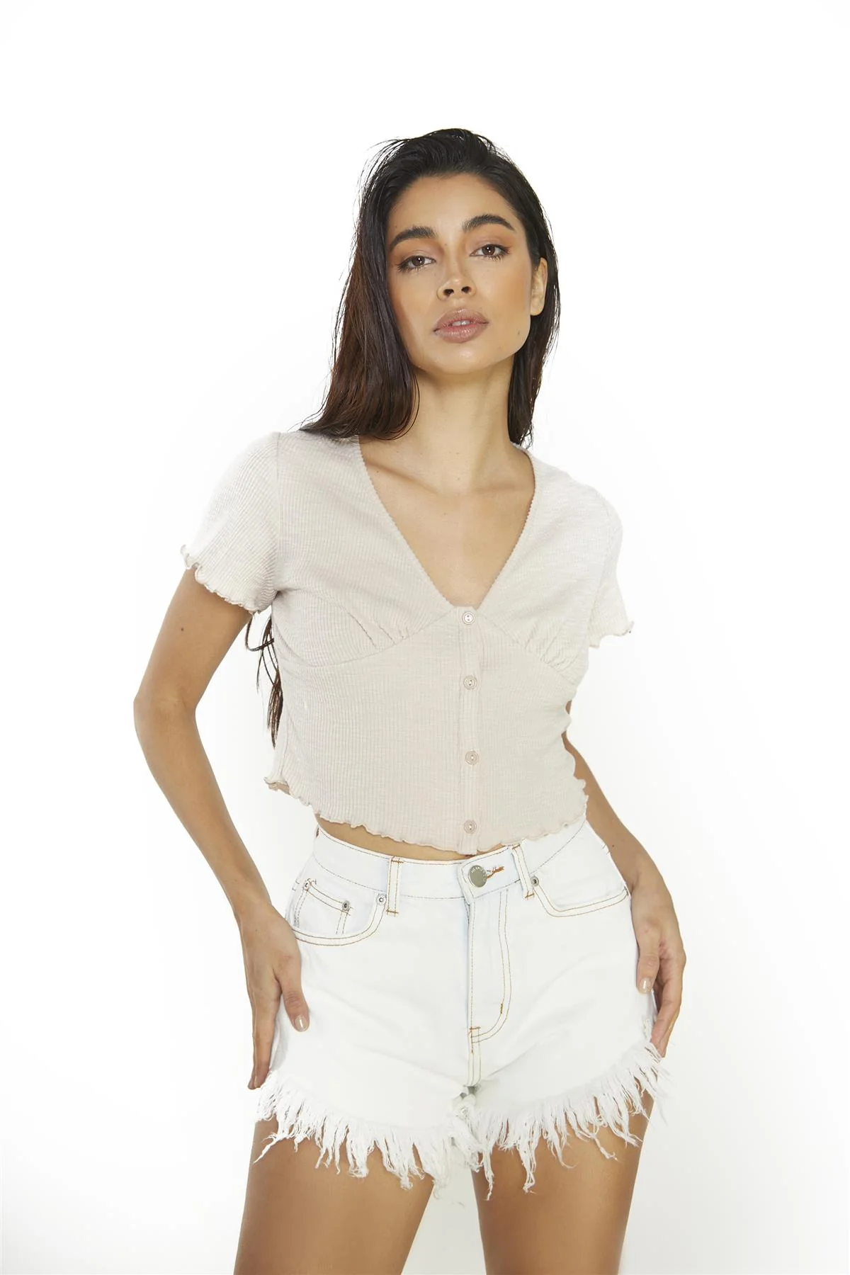Stone Button-Up-Ribbed Crop-top