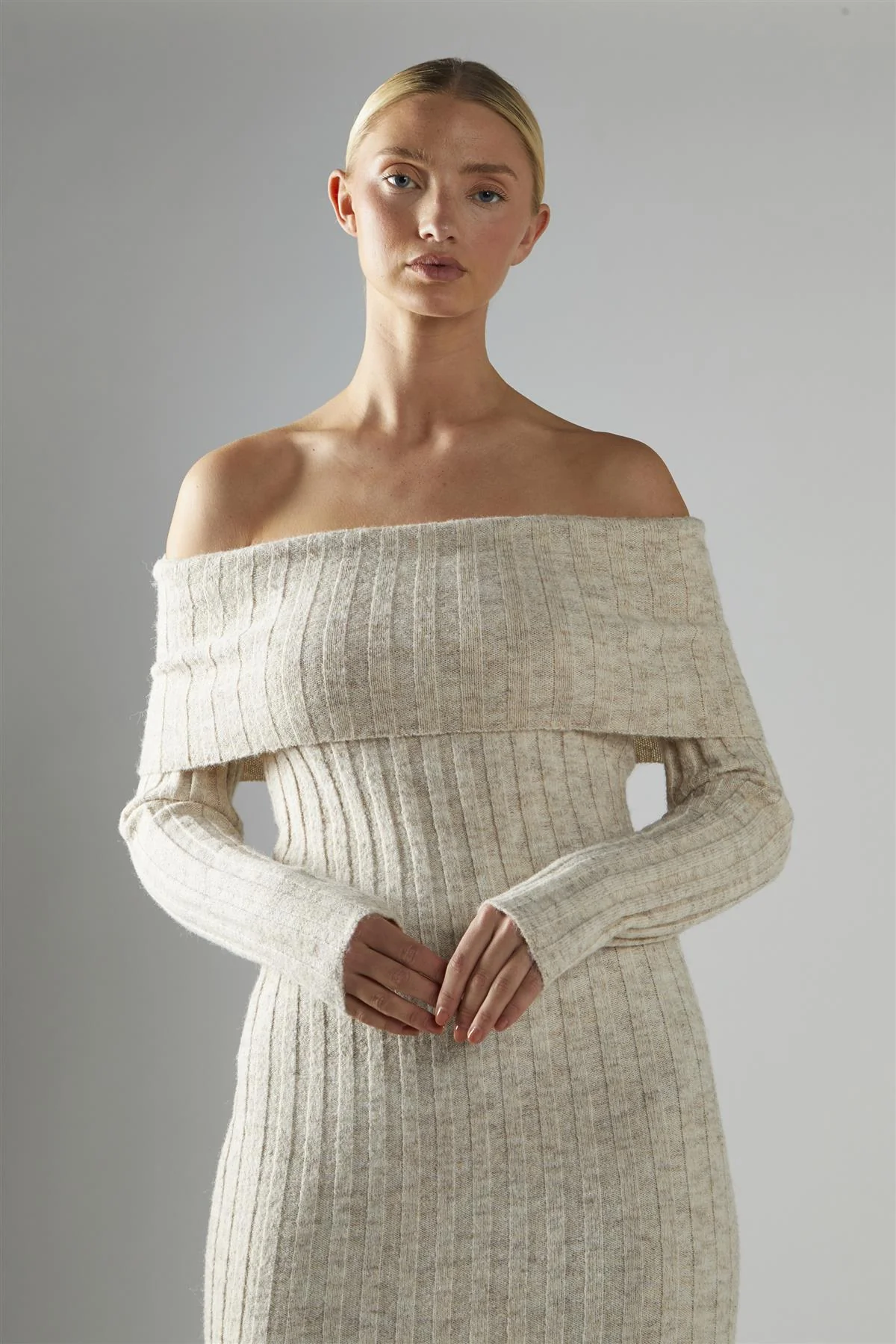 Stone-Marl Bardot-Knit Midi-Dress - Image 4