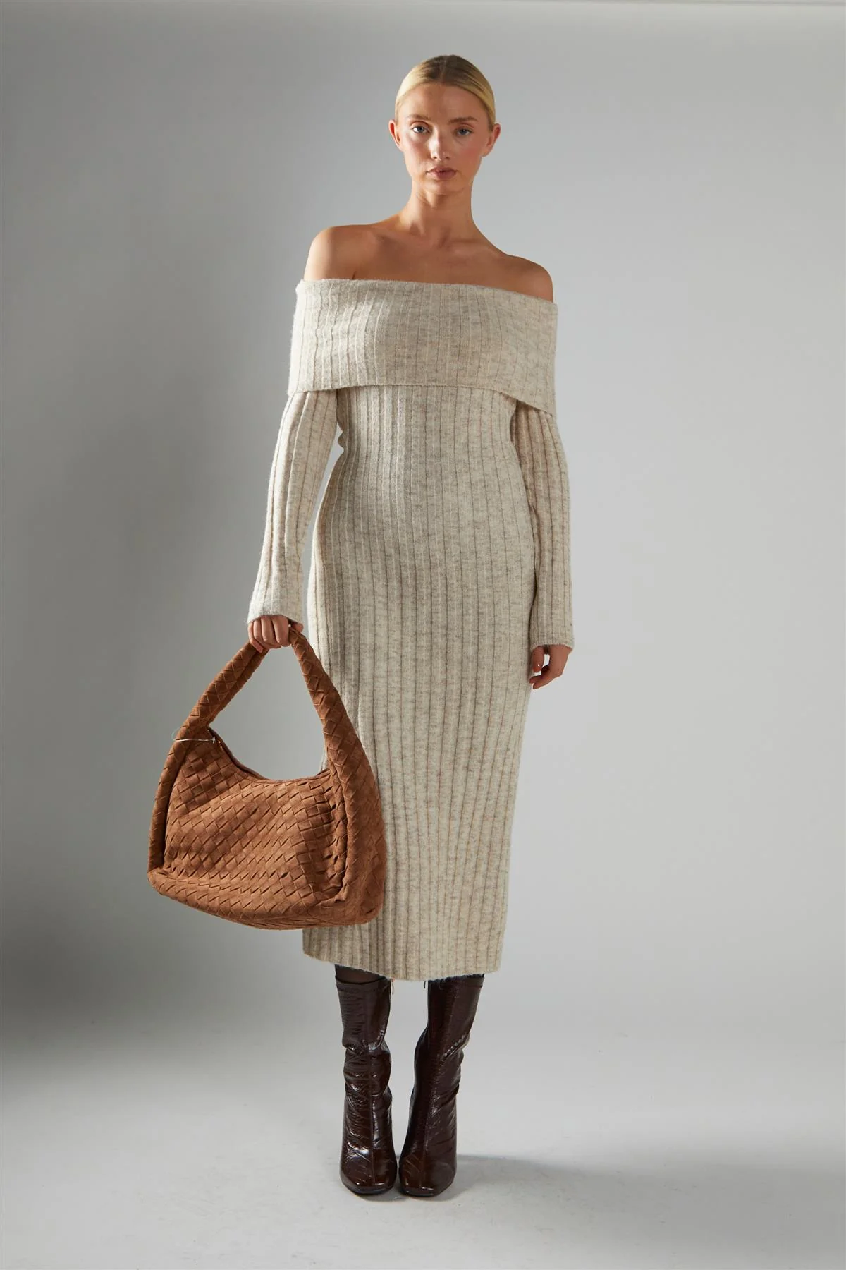 Stone-Marl Bardot-Knit Midi-Dress - Image 5