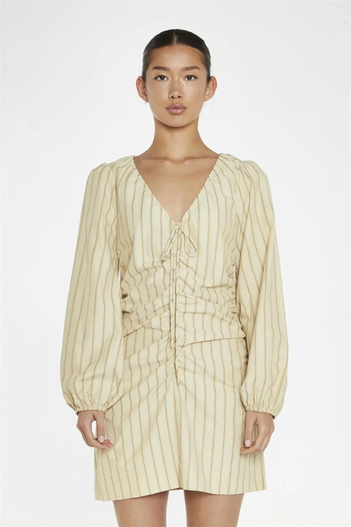 Straw-Gold Stripe Gathered Front Mini-Dress - Image 3