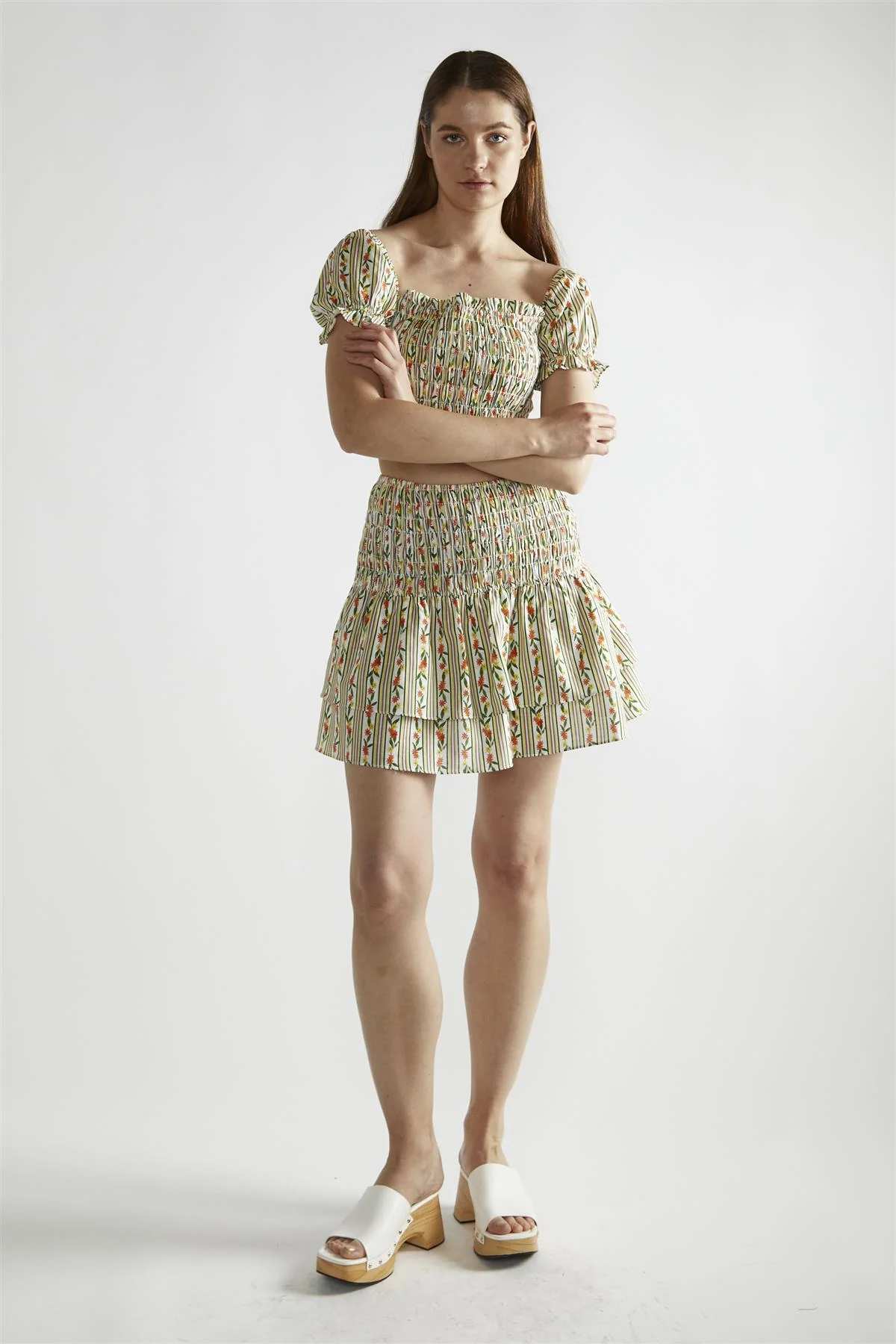 Stripe-Ditsy Linen RaRa Mini-Skirt