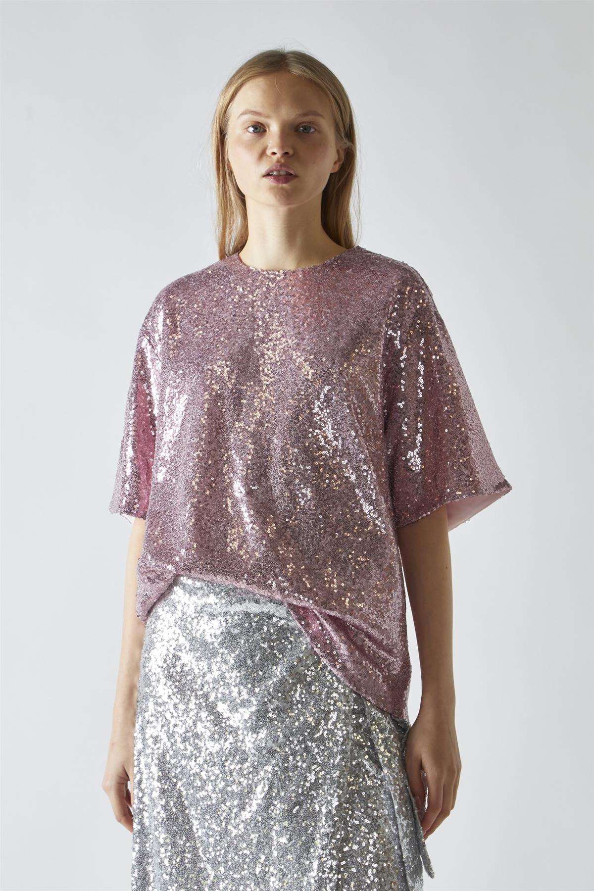 Sugar Pink Sequin Oversized T-Shirt - Image 3