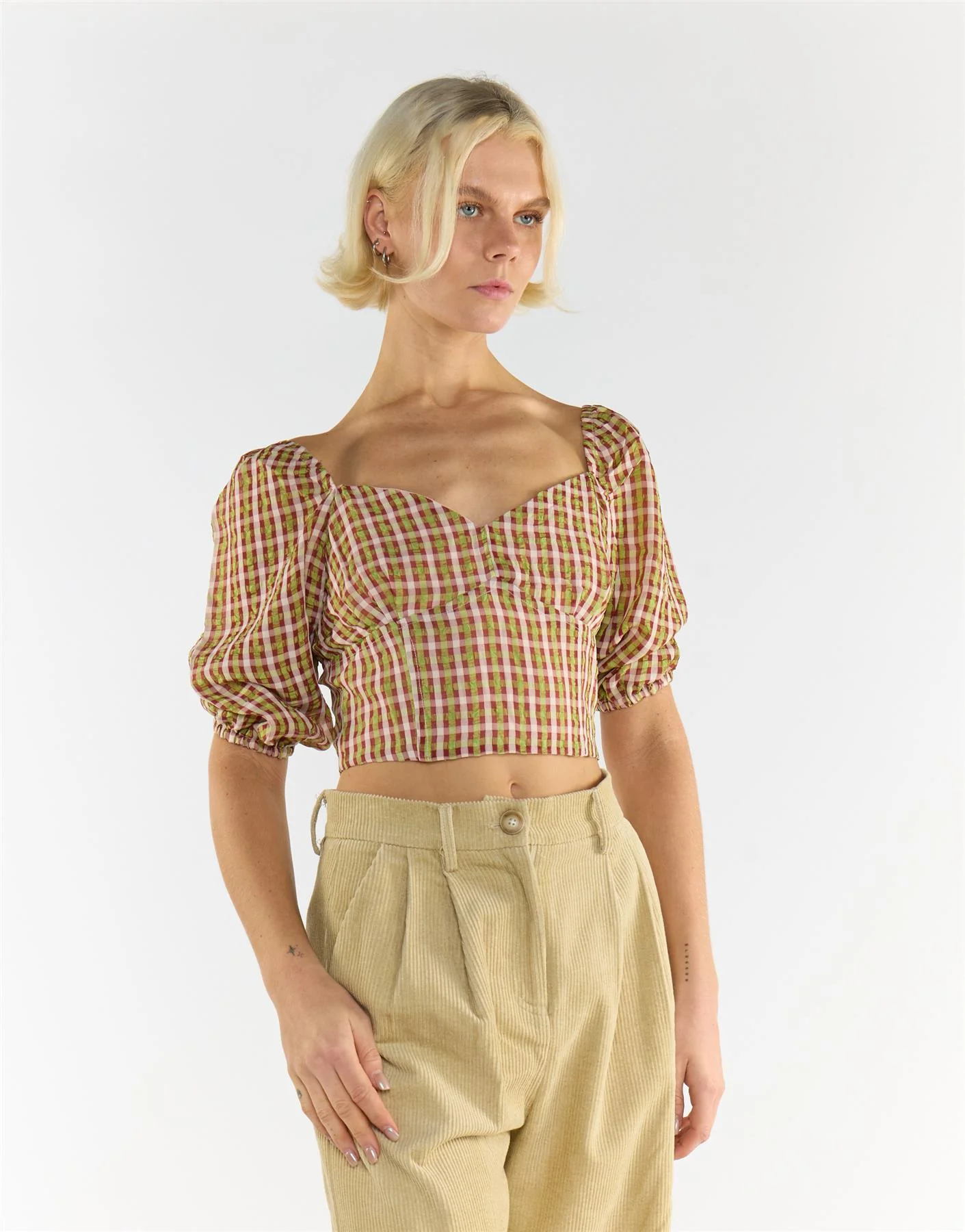 Sweetheart short sleeve Crop Top in Red Green Multi Check - Image 3