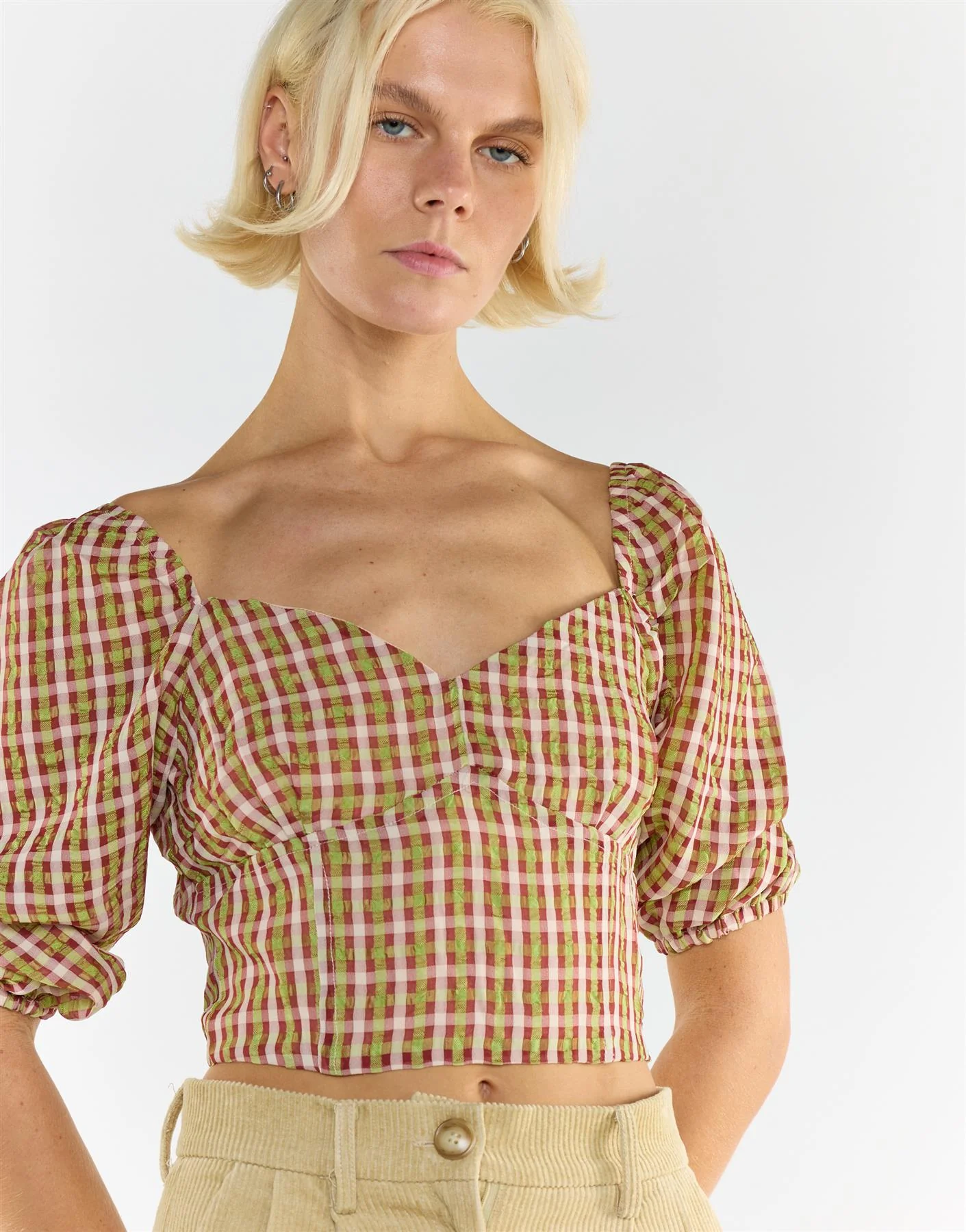 Sweetheart short sleeve Crop Top in Red Green Multi Check - Image 4