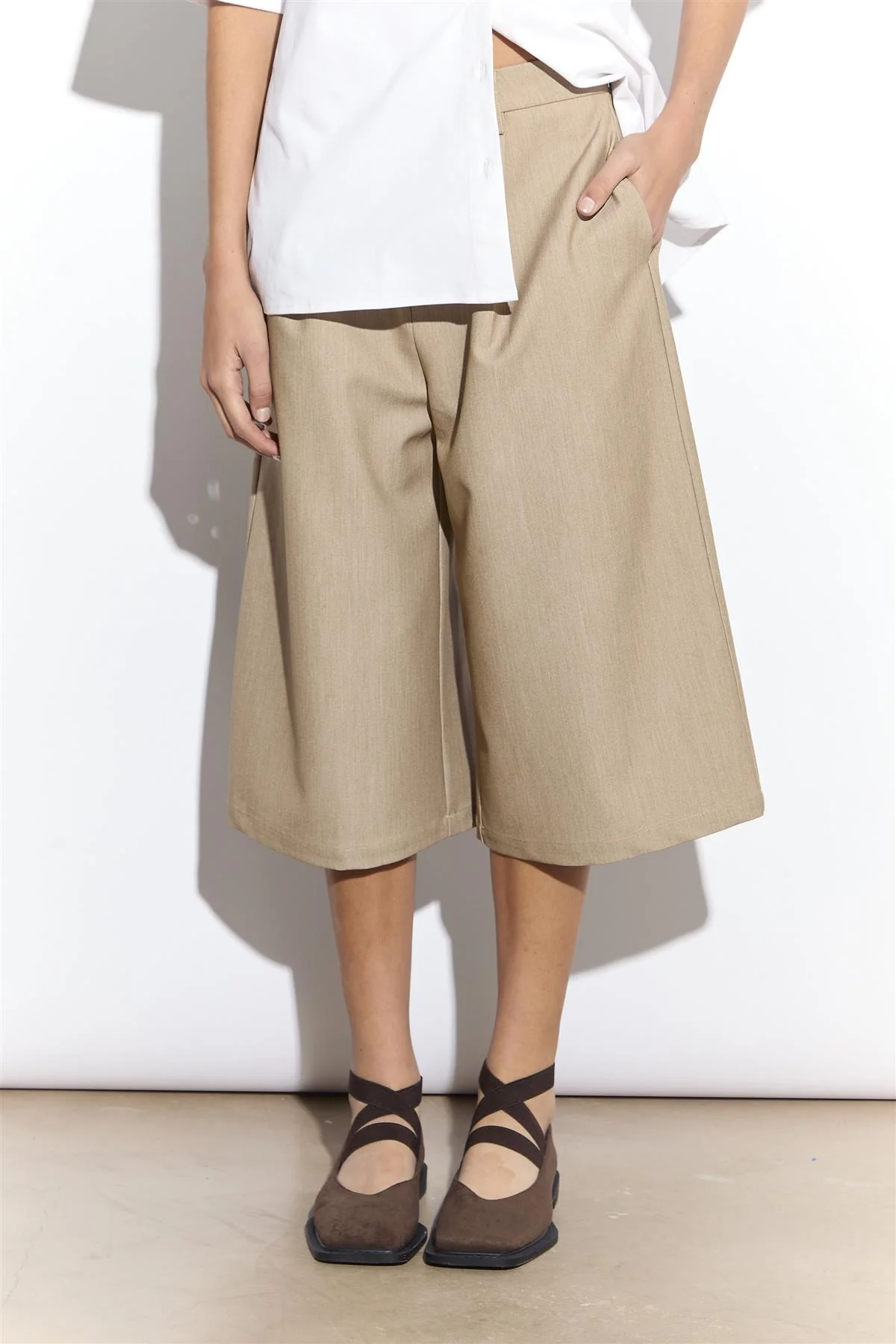Tailored Long Shorts in Sand Colour - Image 3