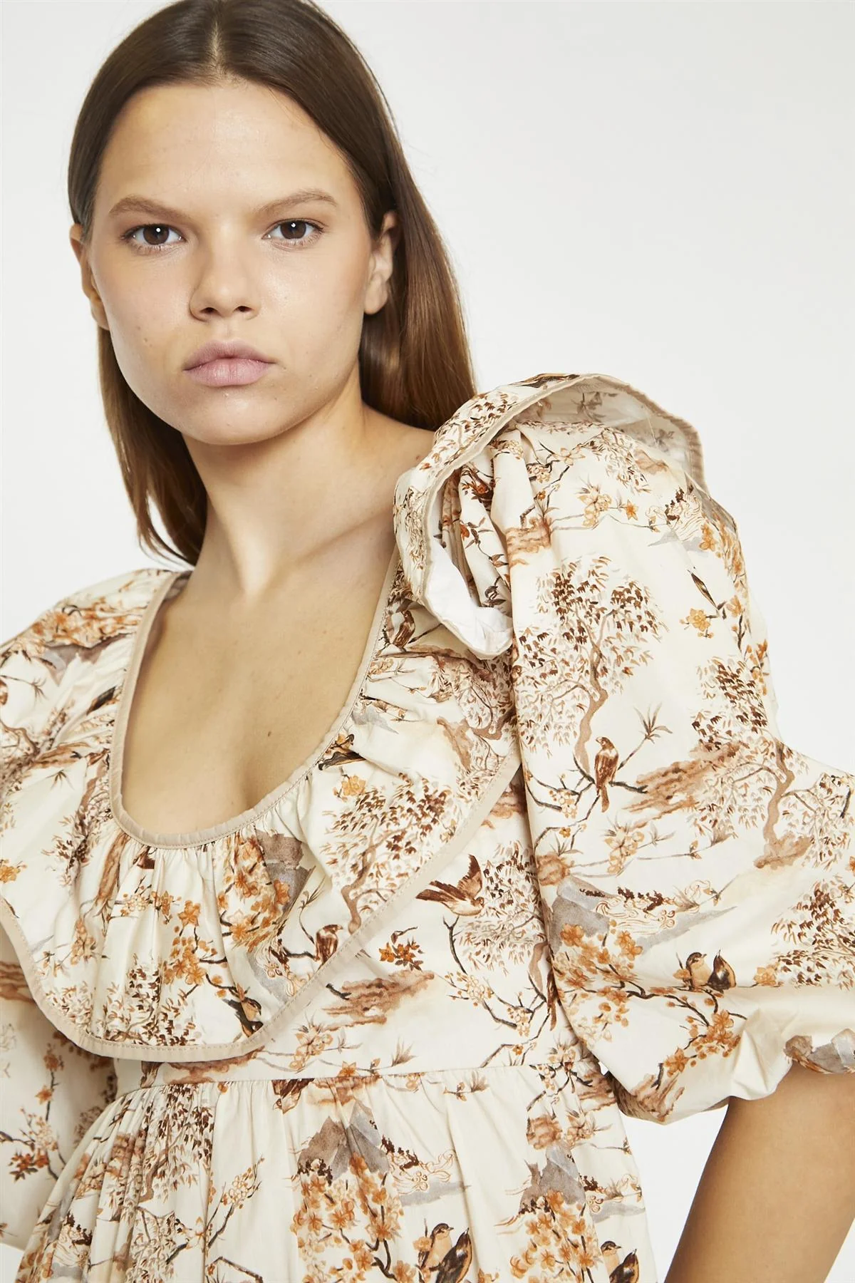 Tan-Multi-Blossom Ruffle-Neckline Mini-Dress - Image 4
