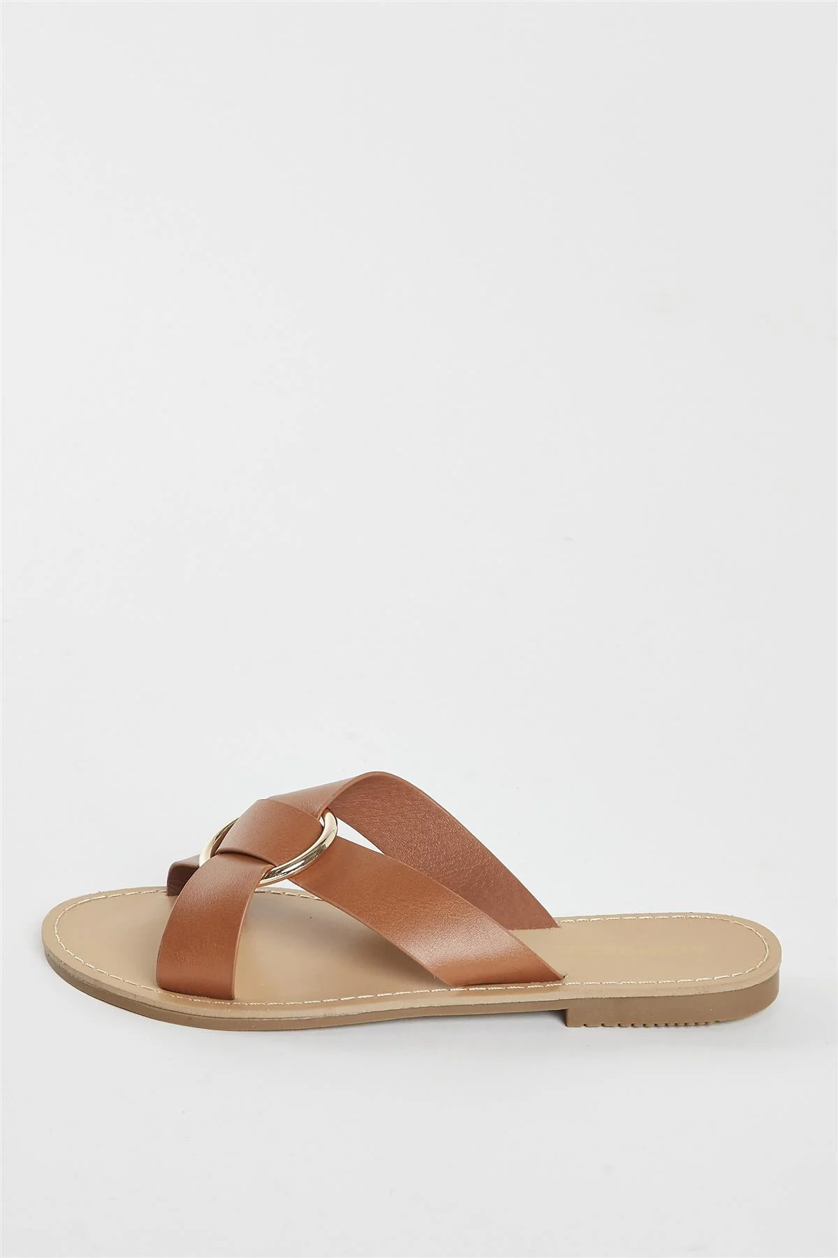 Tan PU Flat Sandals - Image 2
