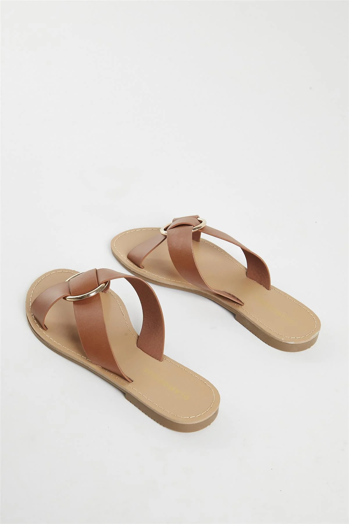 Tan PU Flat Sandals - Image 4