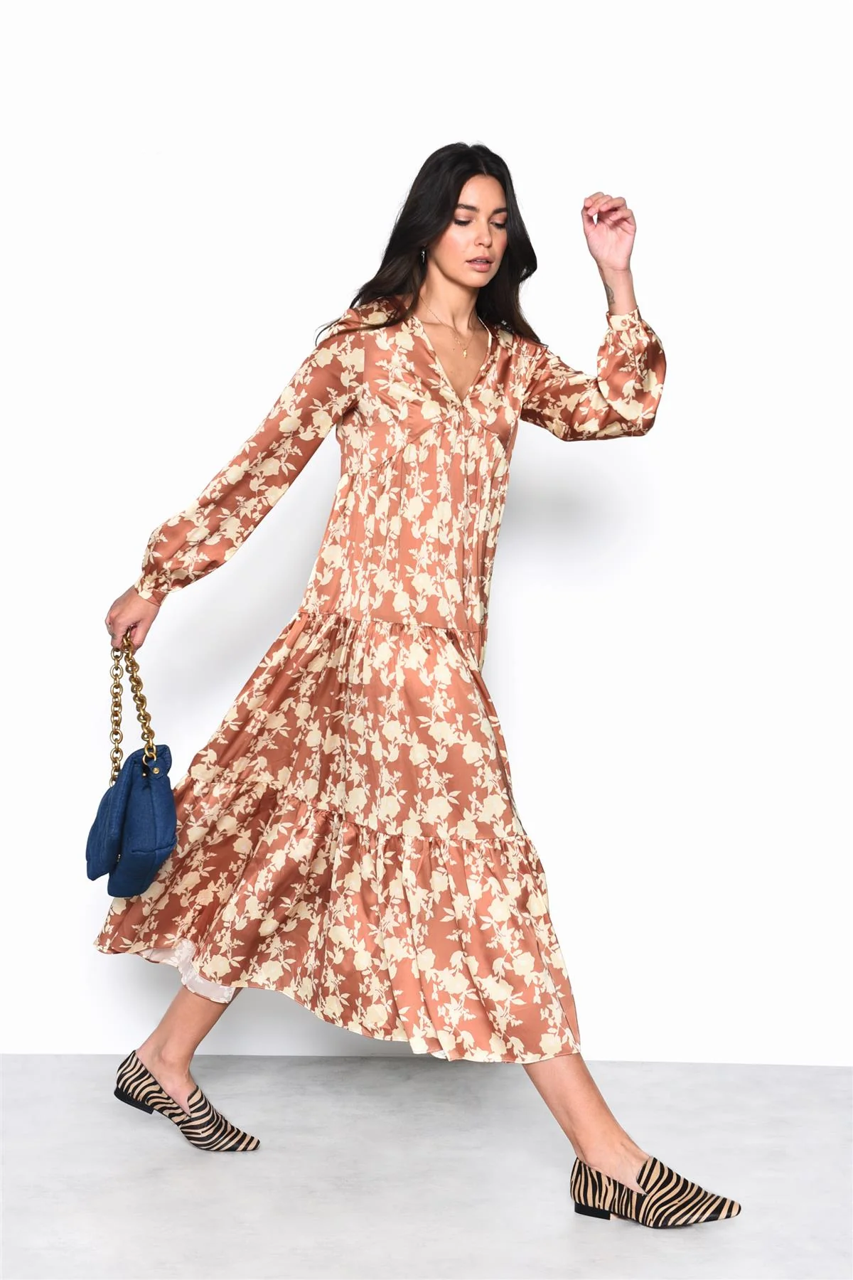 Tan-Yellow-Floral Long-Sleeve-Pleated Maxi-Dress - Image 3