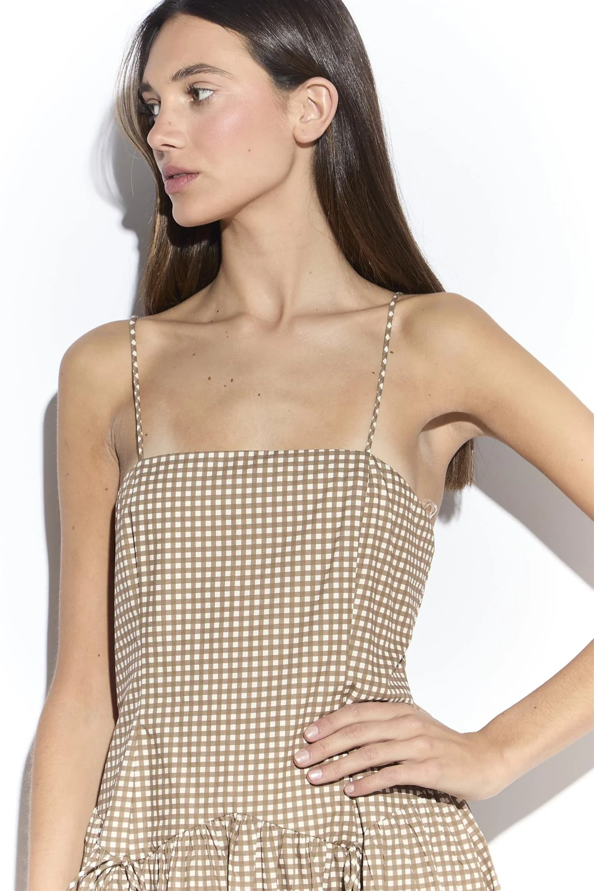 Taupe Gingham Dropped Waist Cami Midi Dress - Image 3
