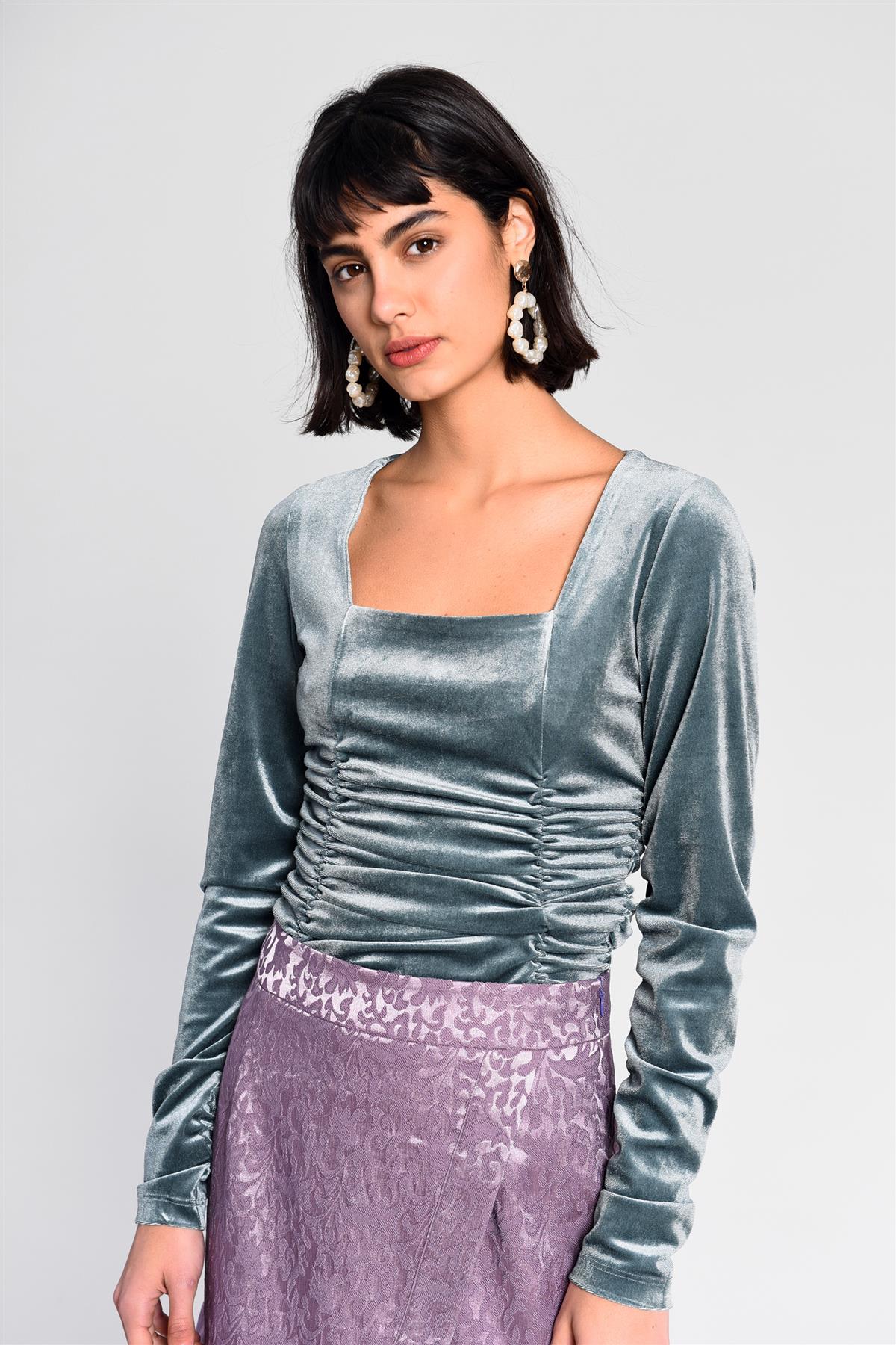 Teal-Velvet Ruched Long-Sleeve-Bodysuit - Image 3