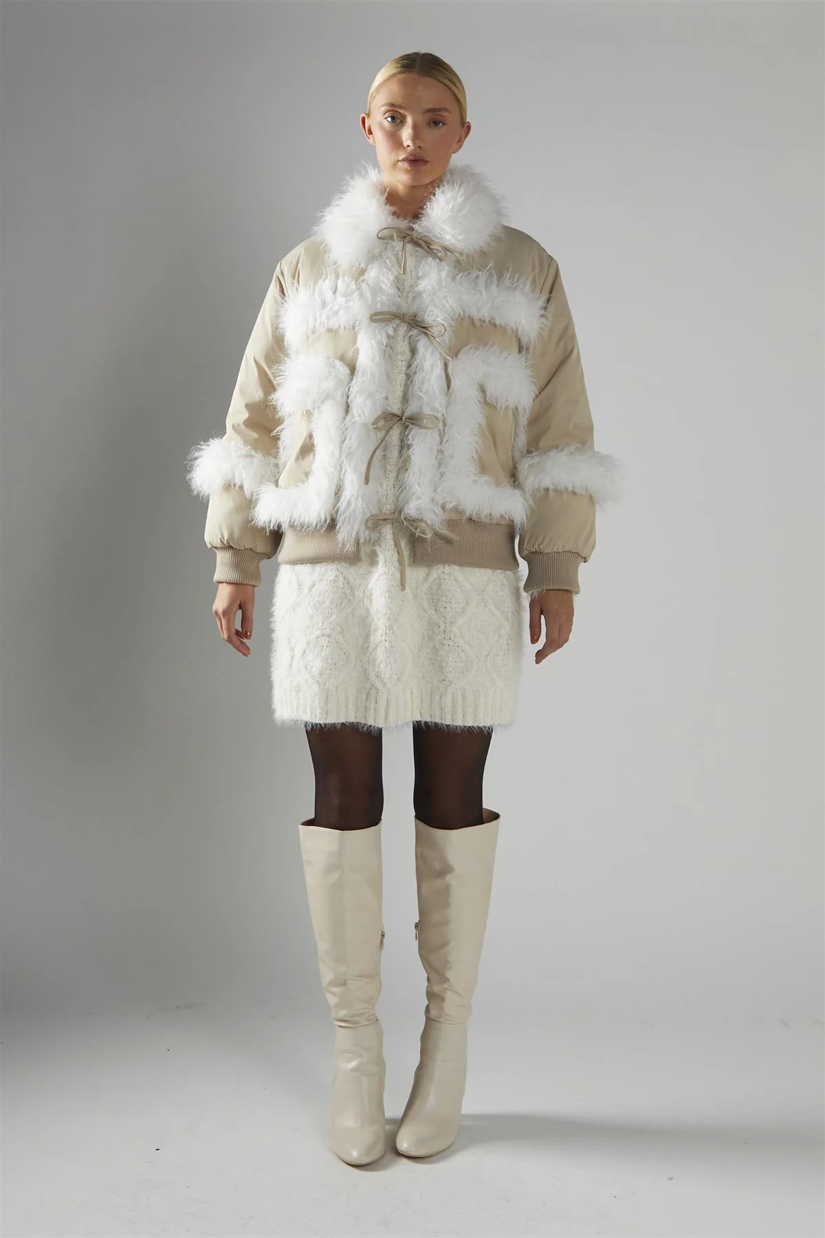 Tie Front Fur Lined Jacket - Stone White - Image 2